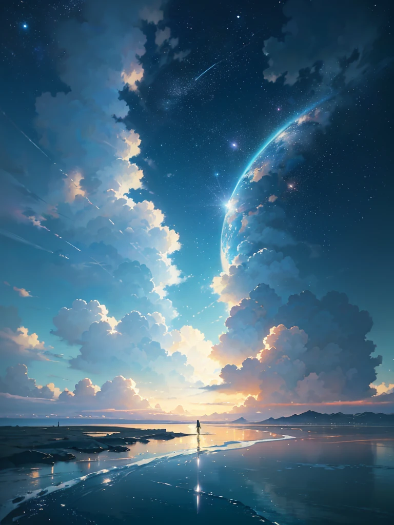 Summer, Makoto Shinkai's concept art, tumblr, magic realism, beautiful anime scenes, beautiful skies. by makoto shinkai, ( ( makoto shinkai ) ), anime background art, anime backgrounds, Makoto Shinkai's style, anime movie backgrounds, galaxy express, no humans. --v6