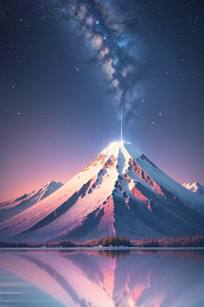 Gradient style illustration, illustration, starry sky, a Mt. Fuji, surrounded by lakes, birds, sunlight, flying snow --v 6