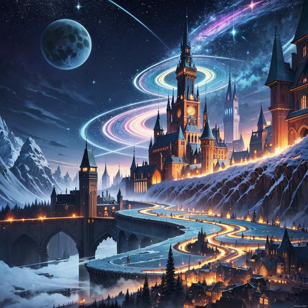 (masterpiece, top quality, best quality, official art, beautiful and aesthetic:1.2), extreme detailed,(fractal art:1.3),colorful,highest detailed in ultra detailed complex medieval castle, evil aura, lake, river, snow mountains,(best-quality:0.8), (best-quality:0.8), perfect anime illustration, BREAK saturn, bubbling acid --v6