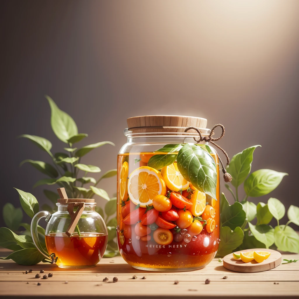Product photography of a honey jar arranged with plants and fresh wet vegetables, realistic, light background, realistic rendering --v 6