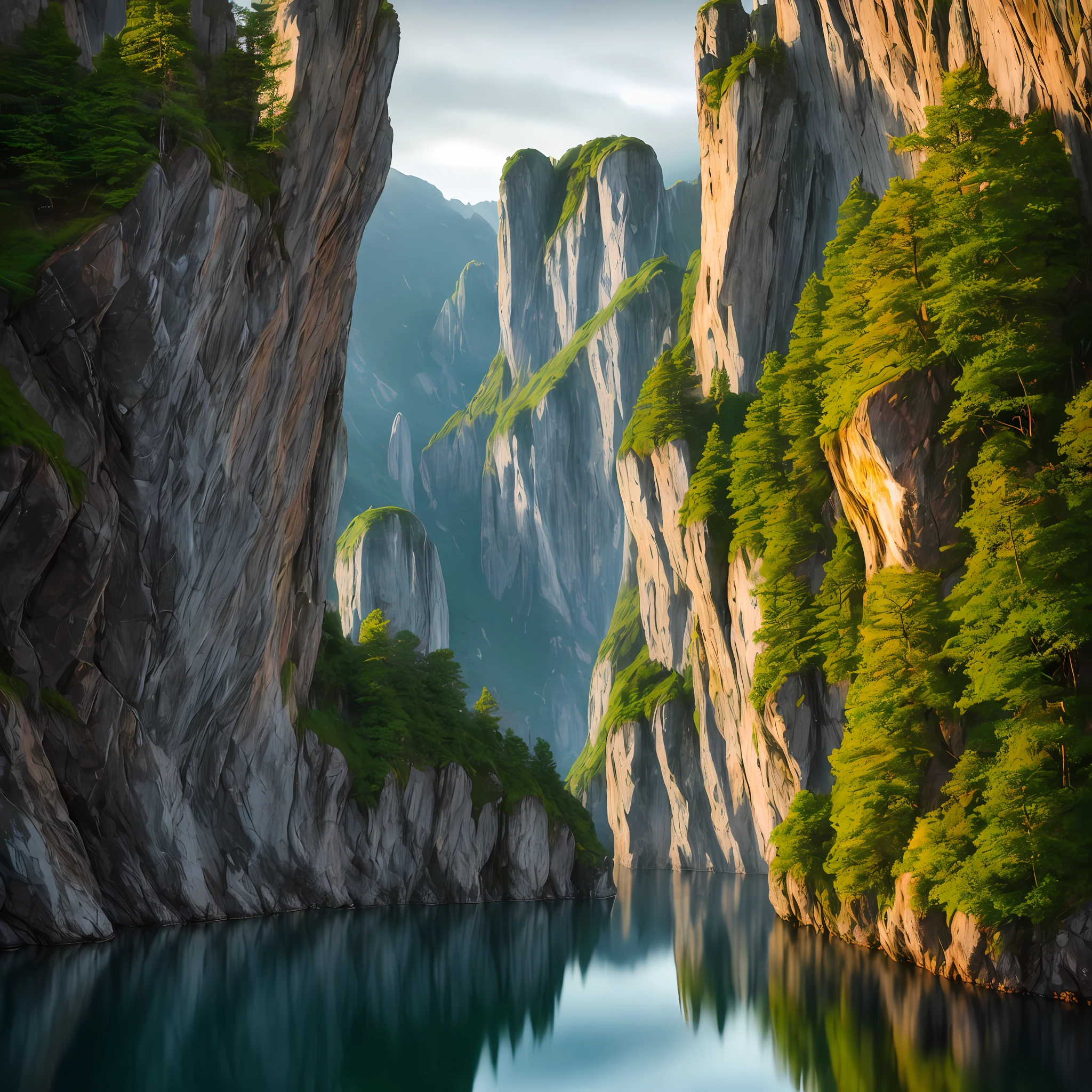 A photography that captures the essence of a magical dream - like world. An epic and legendary cliff that overhangs a beautiful lake, with surreal and vibrant colors illuminating its reflection. The atmosphere is otherworldly, with soft evening light casting ethereal shadows. The image creates a sense of depth and mystery, as if the viewer is being transported to another dimension, creating a beautiful and haunting composition. Shot with a Canon EosIII Zeiss 120mm wide