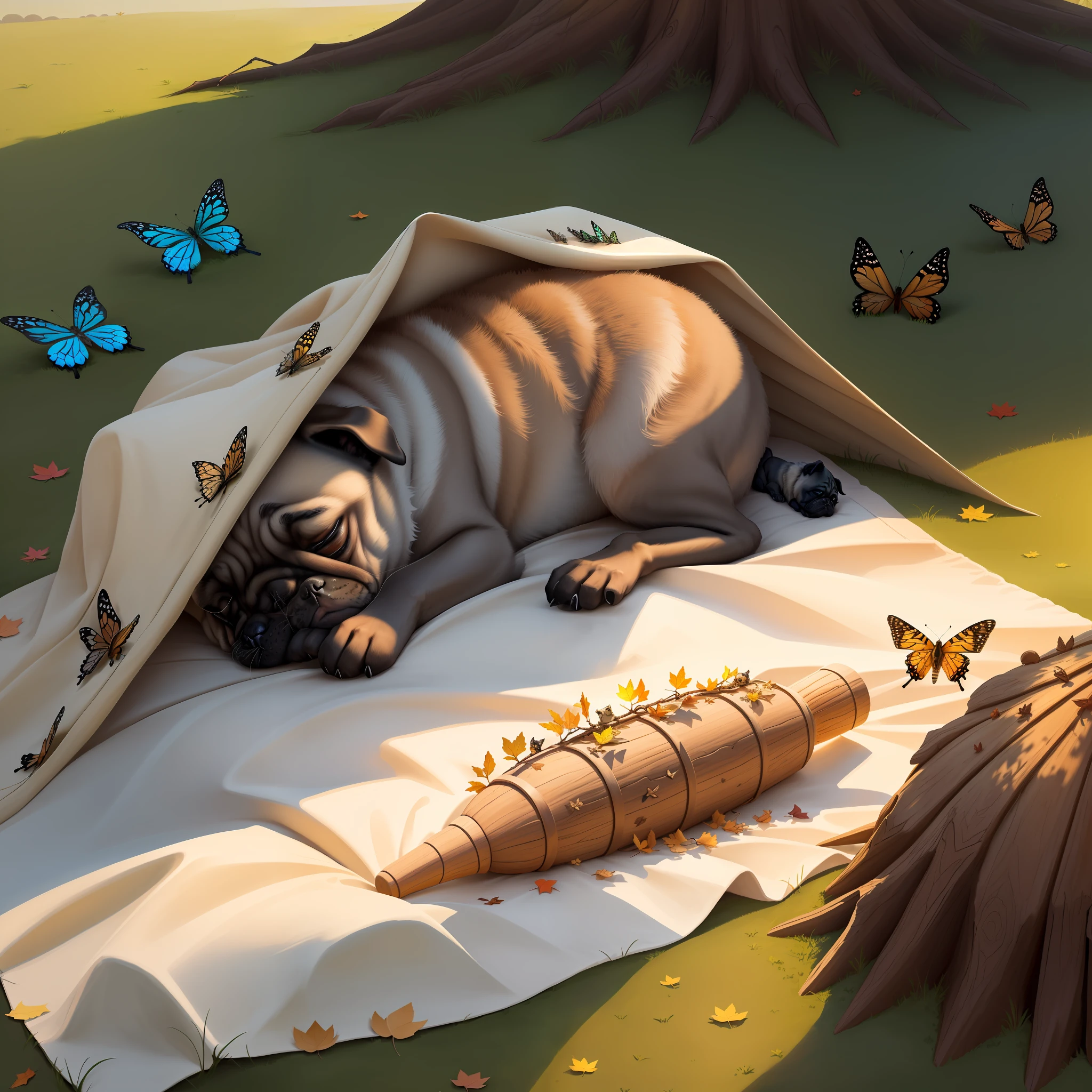 A sleeping little pug, lying on a large anthill under a blanket, a dog bone and leaves are lying next to the anthill, butterflies are sitting on the anthill, fantasy