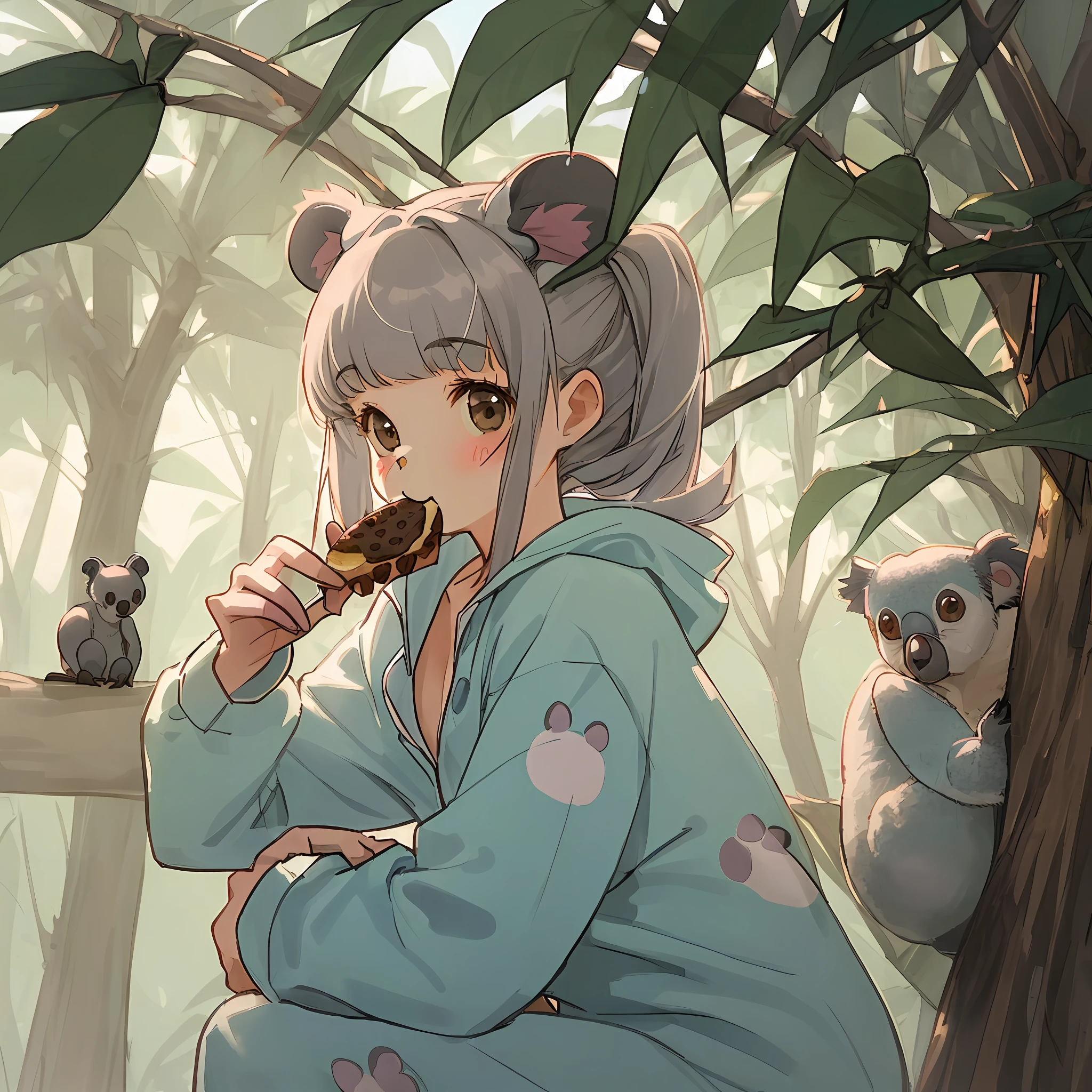 ((koala+girl):1.2), (cute:1.1), (onesie:1.2), (eating:1.1), (breakfast:0.9)
