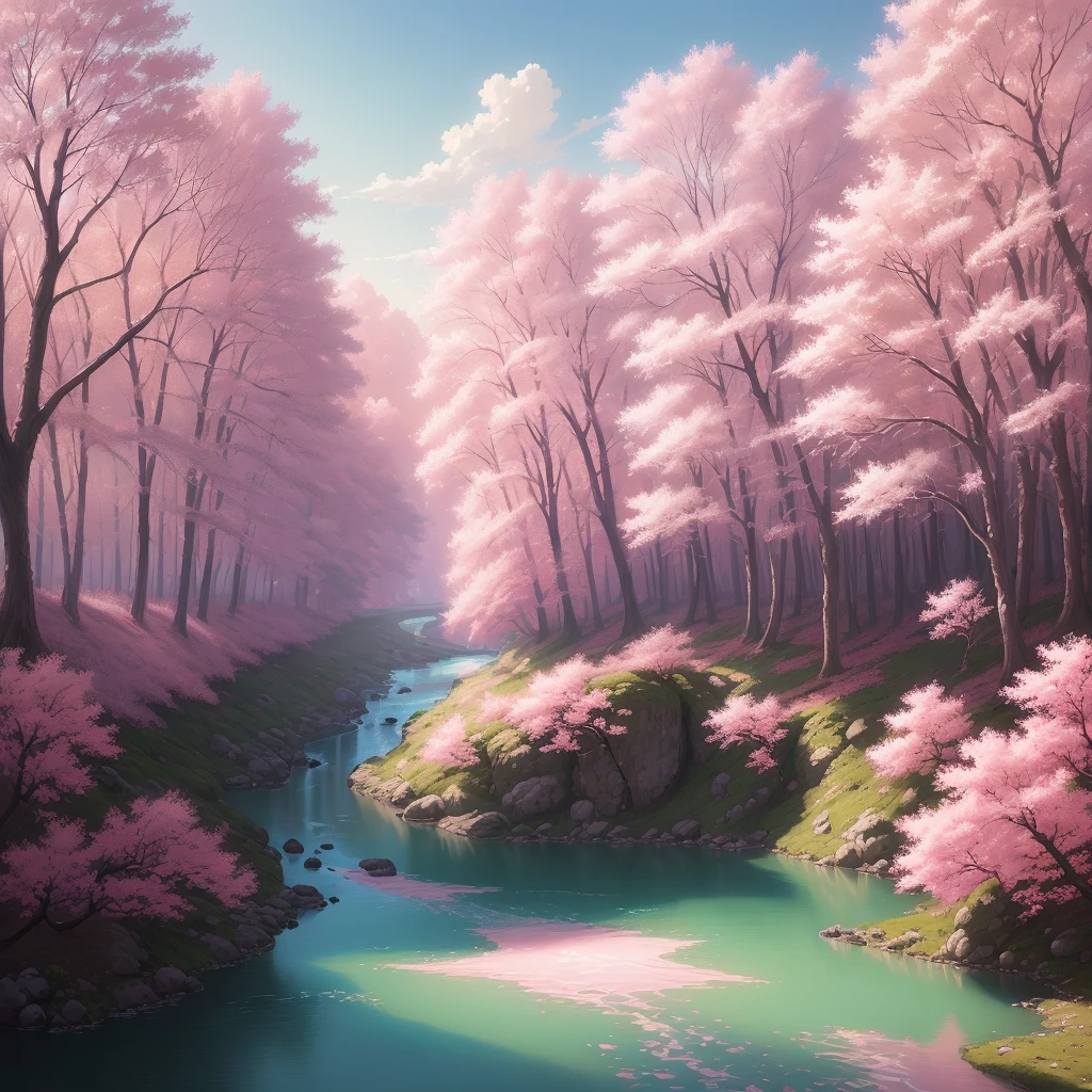 a painting of a river surrounded by pink trees, a detailed matte painting by Makoto Aida, cgsociety, magical realism, matte painting, anime aesthetic, enchanting