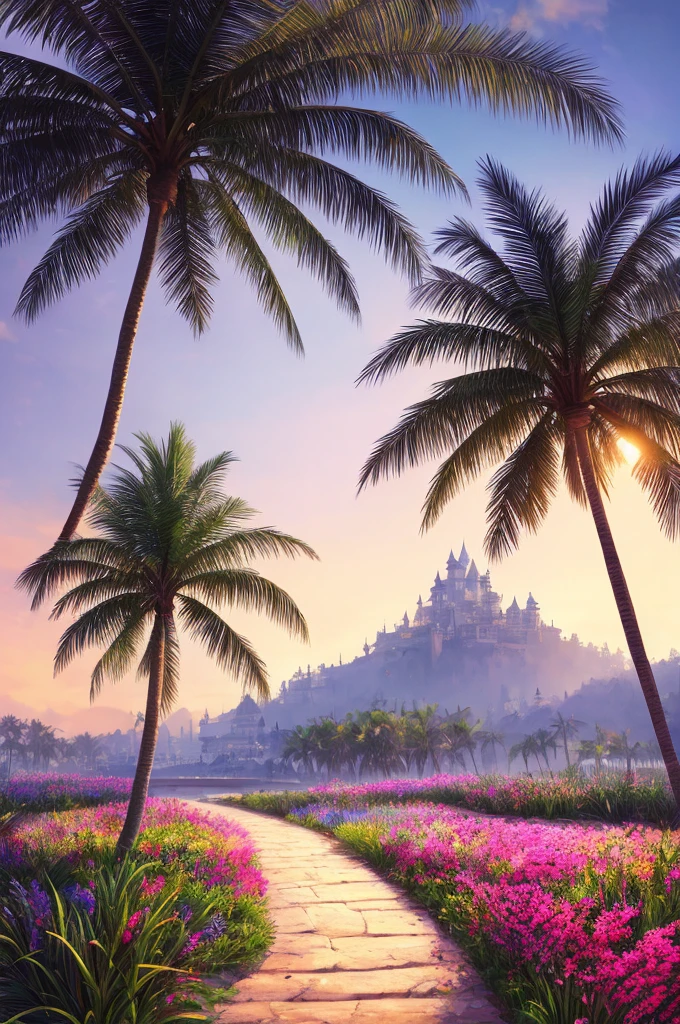 masterpiece, best quality, high quality, extremely detailed 8k wallpaper of CG unit, a charming and dreamy scene of a fantasy beach, with tall imperial palm trees, bright tambourines, creating a sense of mystique and enchantment, artistic station, digital illustration, intricate, trend, pastel colors, oil painting, award-winning photography, Bokeh, depth of field, ,flower, chromatic aberration, photorealistic, extremely detailed, trend in artstation, trend in CGsociety, intricate, high detail, dramatic, art in the middle of the journey