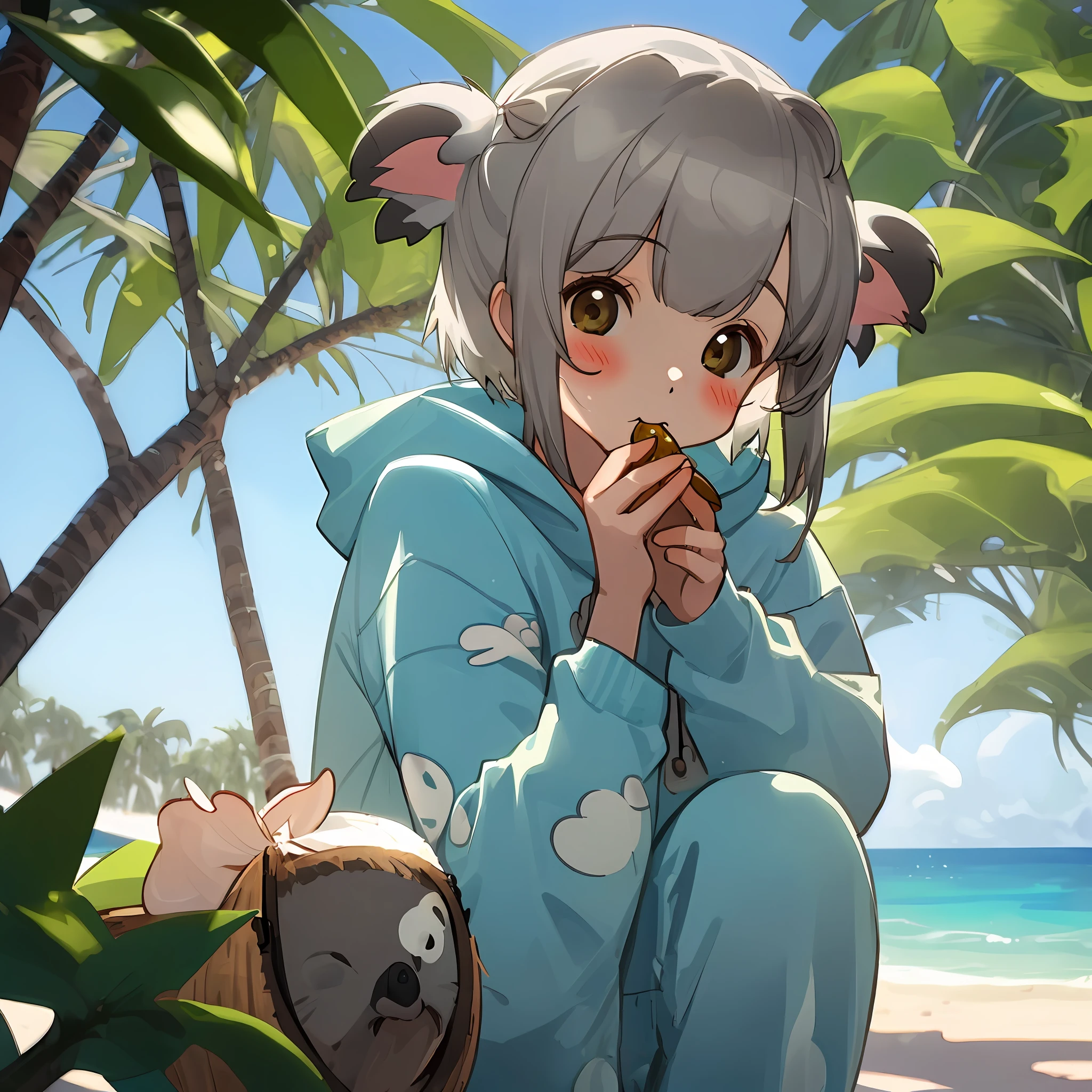 ((koala+girl)), Onesie cute, sexy , beach, eating a coconut, sticky coconut, sticky on the face