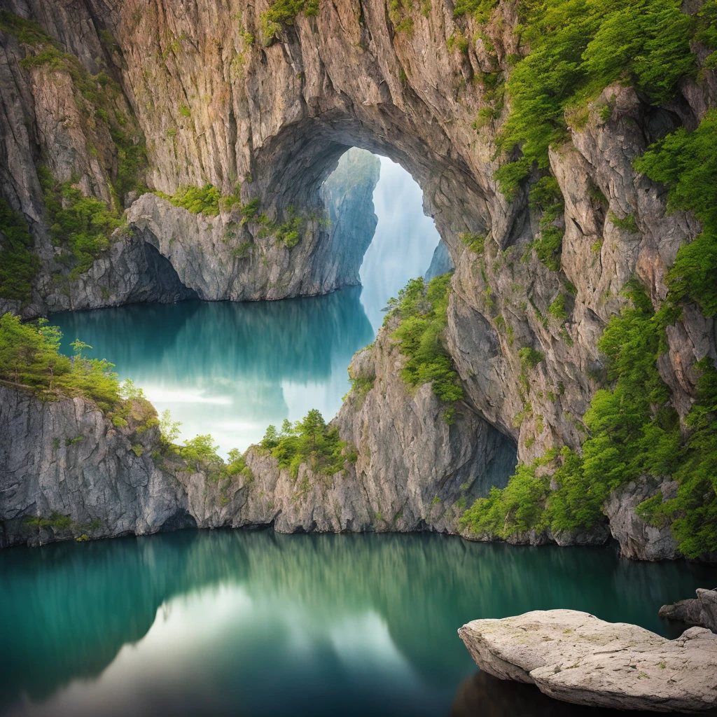 Stunningly beautiful mythical magical landscape, full of wonder, insanely detailed. An epic and legendary cliff and waterfalls that overhangs a beautiful lake, with surreal and vibrant colors illuminating its reflection. The atmosphere is otherworldly, with soft evening light casting ethereal shadows. The image creates a sense of depth and mystery, as if the viewer is being transported to another dimension, creating a beautiful and haunting composition. Shot with a Canon EosIII Zeiss 120mm wide