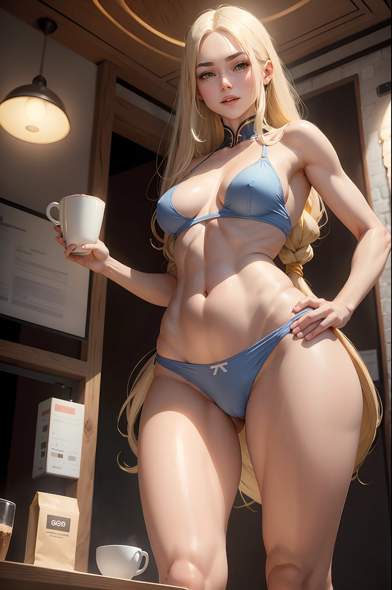 1girl, white skin, mature, yellow very long hair, thick eyebrows, blue eyes, mole under the eyes, thirsty, translucent underwear, well-built, small waist, widest hips, wide gap between thighs, one hip forward, standing, in a coffee shop, shot from below, 8k, photorealistic, smiling