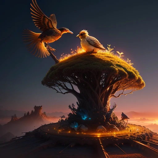 anthill with glowing bird sitting on top, fantasy, 4k high-quality realistic