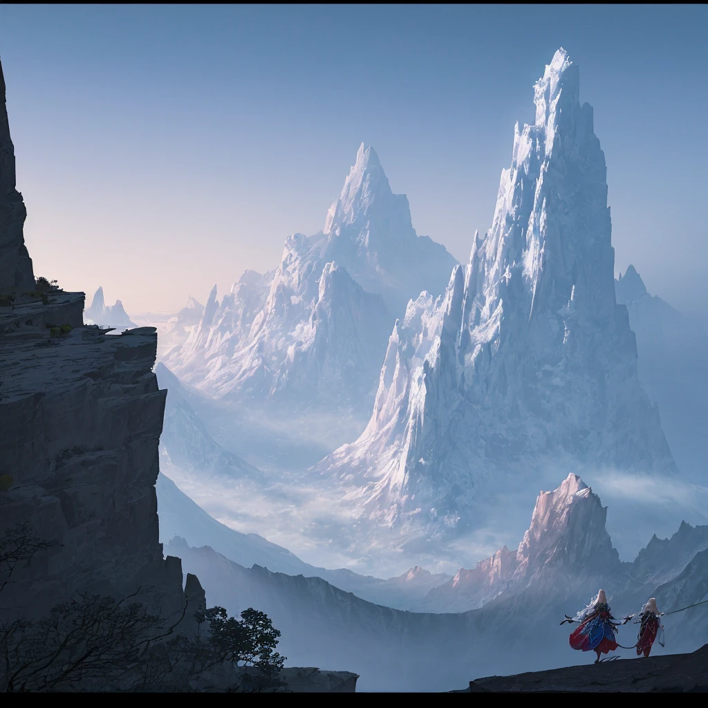 Stunningly beautiful mythical magical landscape, full of wonder, insanely detailed. An epic and legendary cliff and waterfalls that overhangs a beautiful lake, with surreal and vibrant colors illuminating its reflection. The atmosphere is otherworldly, with soft evening light casting ethereal shadows. The image creates a sense of depth and mystery, as if the viewer is being transported to another dimension, creating a beautiful and haunting composition. Shot with a Canon EosIII Zeiss 120mm wide