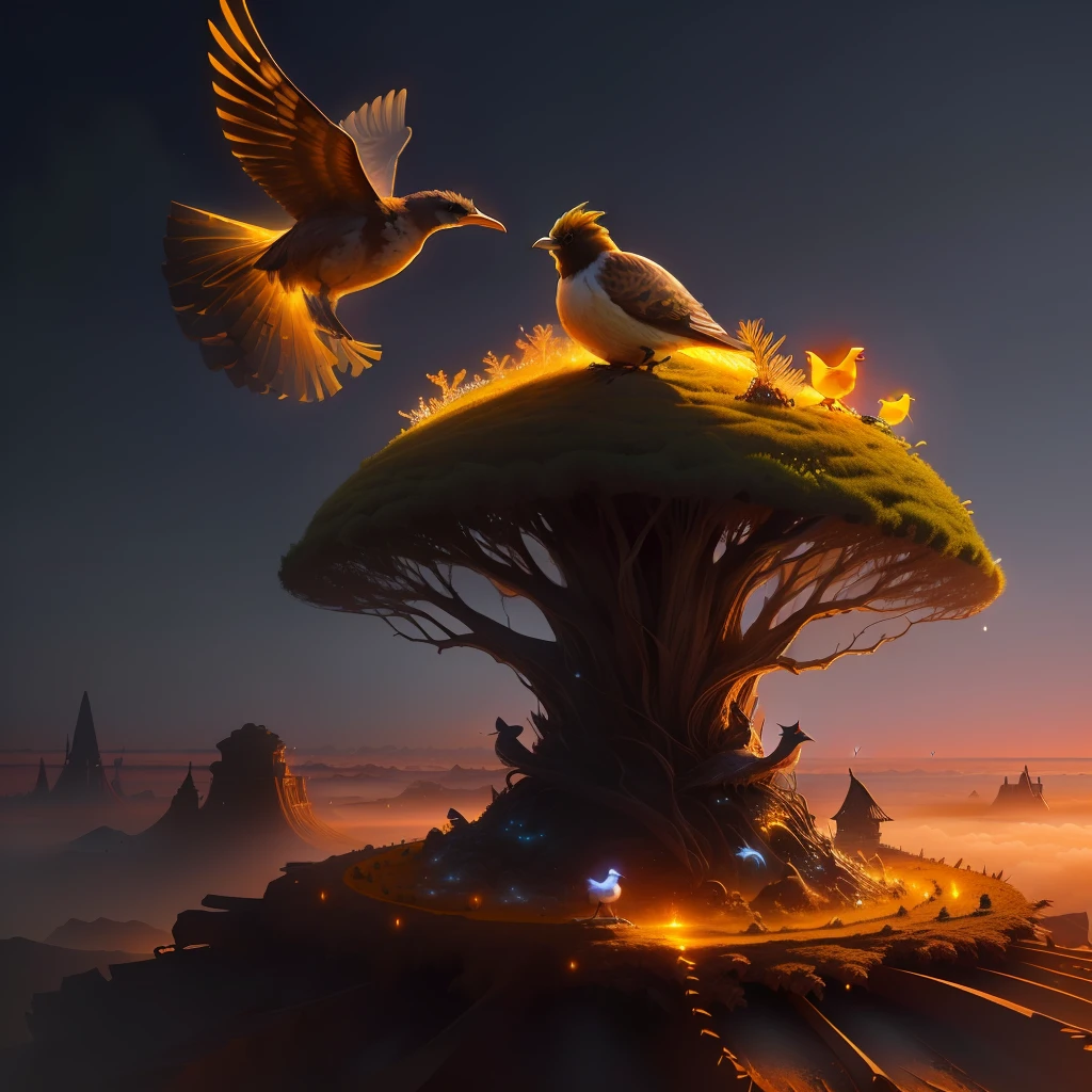 anthill with glowing bird sitting on top, fantasy, 4k high-quality realistic