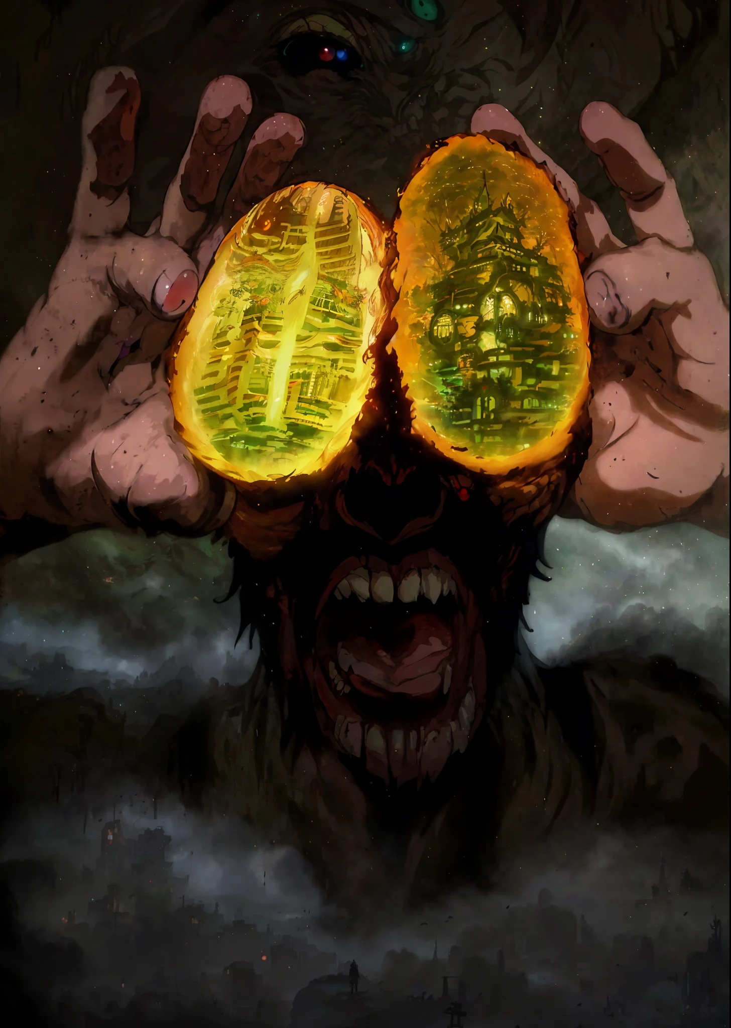 anime, a man stands in front of a giant monster with glowing eyes, concept art by Android Jones, Artstation contest winner, fantasy art, anime epic artwork, 2. 5 d cgi anime fantasy artwork, concept art wallpaper 4k, anime art wallpaper 4k, anime art wallpaper 4 k, anime art wallpaper 8 k, epic rpg artworkAttack on Titan, angry Giants, dark and gritty, Studio Ghibli, Anime Key Visual, by Makoto Shinkai, Deep Color, Intricate, 8k resolution concept art, Natural Lighting, Beautiful CompositionMark Brooks and Dan Mumford, comic book art, perfect, smooth
