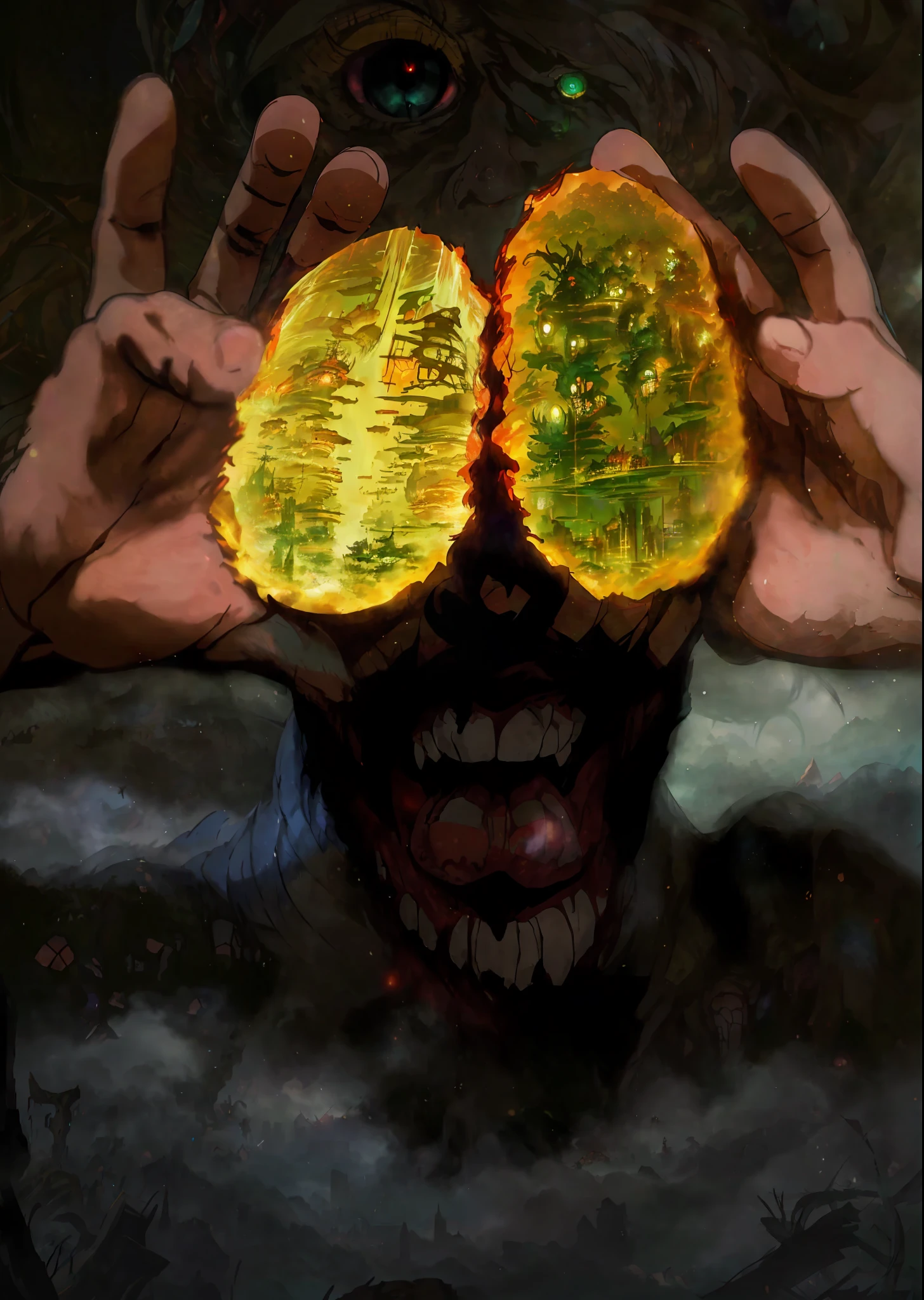 anime, a man stands in front of a giant monster with glowing eyes, concept art by Android Jones, Artstation contest winner, fantasy art, anime epic artwork, 2. 5 d cgi anime fantasy artwork, concept art wallpaper 4k, anime art wallpaper 4k, anime art wallpaper 4 k, anime art wallpaper 8 k, epic rpg artworkAttack on Titan, angry Giants, dark and gritty, Studio Ghibli, Anime Key Visual, by Makoto Shinkai, Deep Color, Intricate, 8k resolution concept art, Natural Lighting, Beautiful CompositionMark Brooks and Dan Mumford, comic book art, perfect, smooth