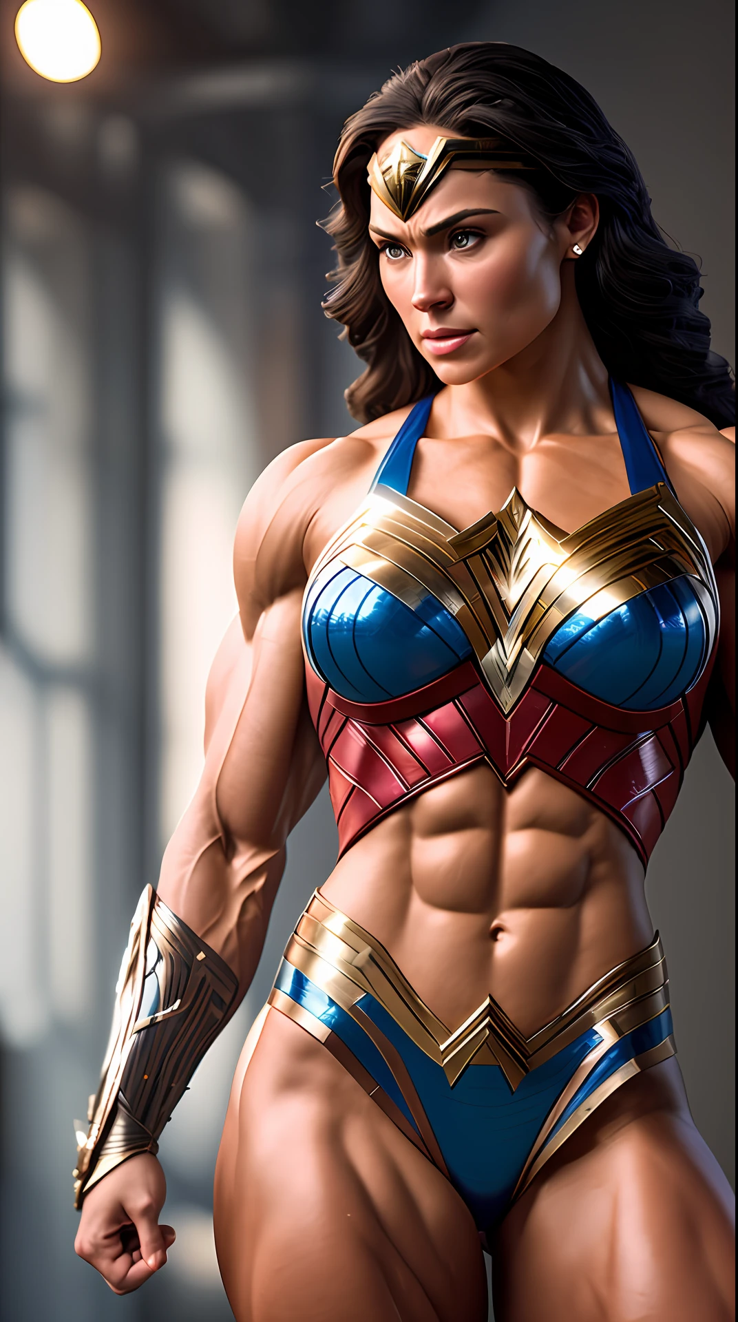 Cinematic soft lighting illuminates a stunningly detailed and ultra-realistic Wonder Woman bodybuilder, muscular that is trending on ArtStation. Octane is the perfect tool to capture the softest details of this 16k photography masterpiece