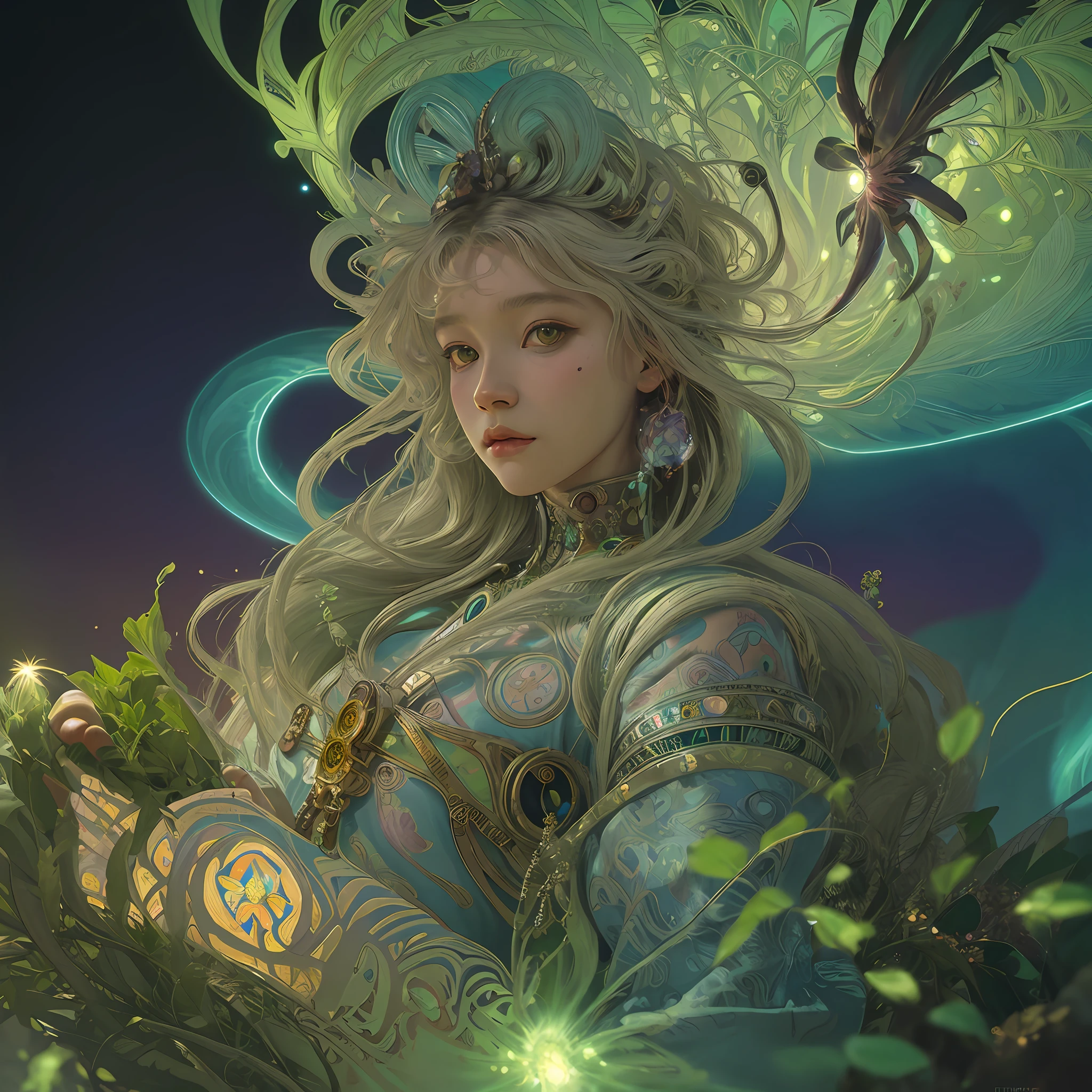 character design, alphonse mucha, anna dittmann, basquiat, 8k, high angle shot, afrofuturism, agropeople, chaotic, biophilic design, glitter, glowing neon
