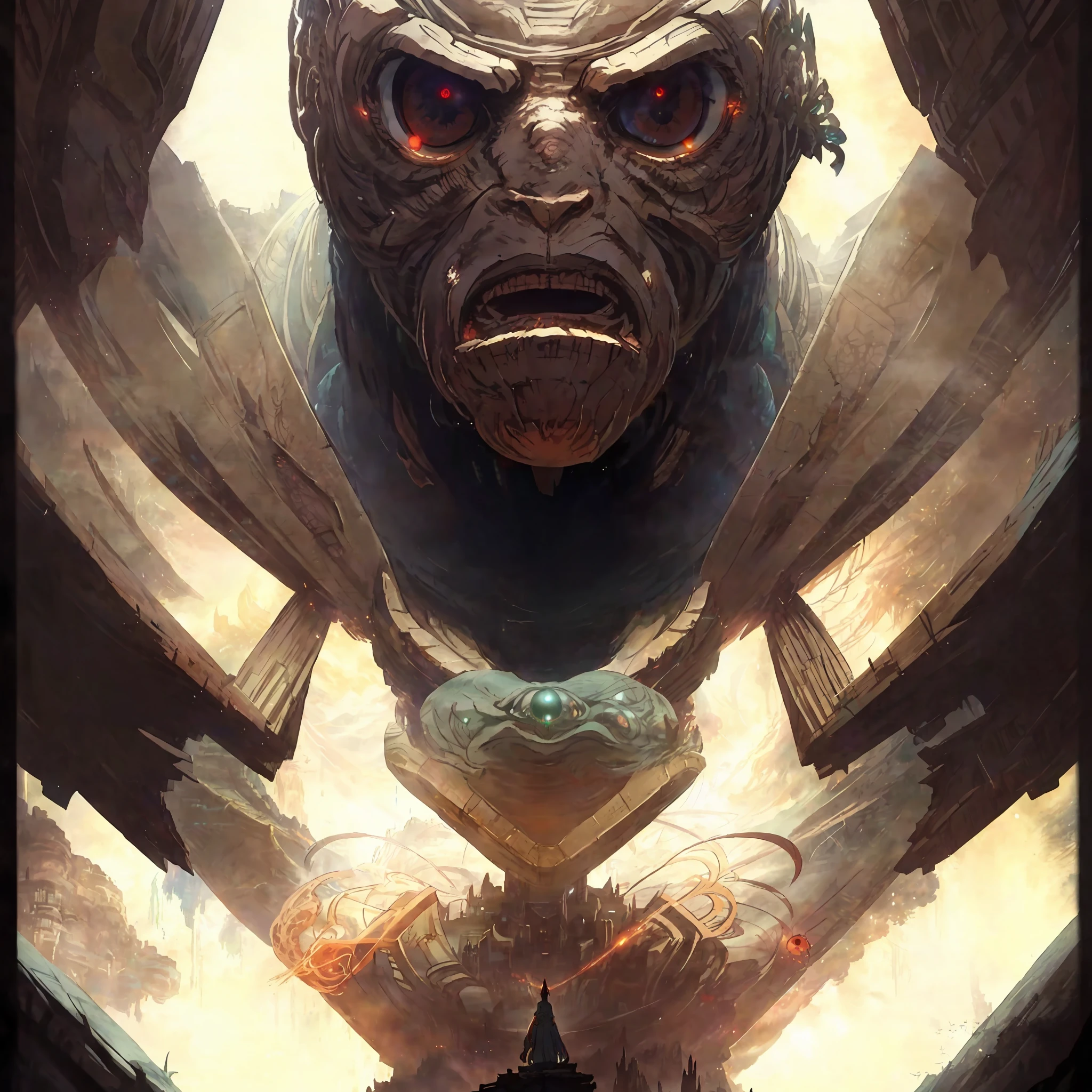 anime, a man stands in front of a giant monster with glowing eyes, concept art by Android Jones, Artstation contest winner, fantasy art, anime epic artwork, 2. 5 d cgi anime fantasy artwork, concept art wallpaper 4k, anime art wallpaper 4k, anime art wallpaper 4 k, anime art wallpaper 8 k, epic rpg artworkAttack on Titan, angry Giants, dark and gritty, Studio Ghibli, Anime Key Visual, by Makoto Shinkai, Deep Color, Intricate, 8k resolution concept art, Natural Lighting, Beautiful CompositionMark Brooks and Dan Mumford, comic book art, perfect, smooth