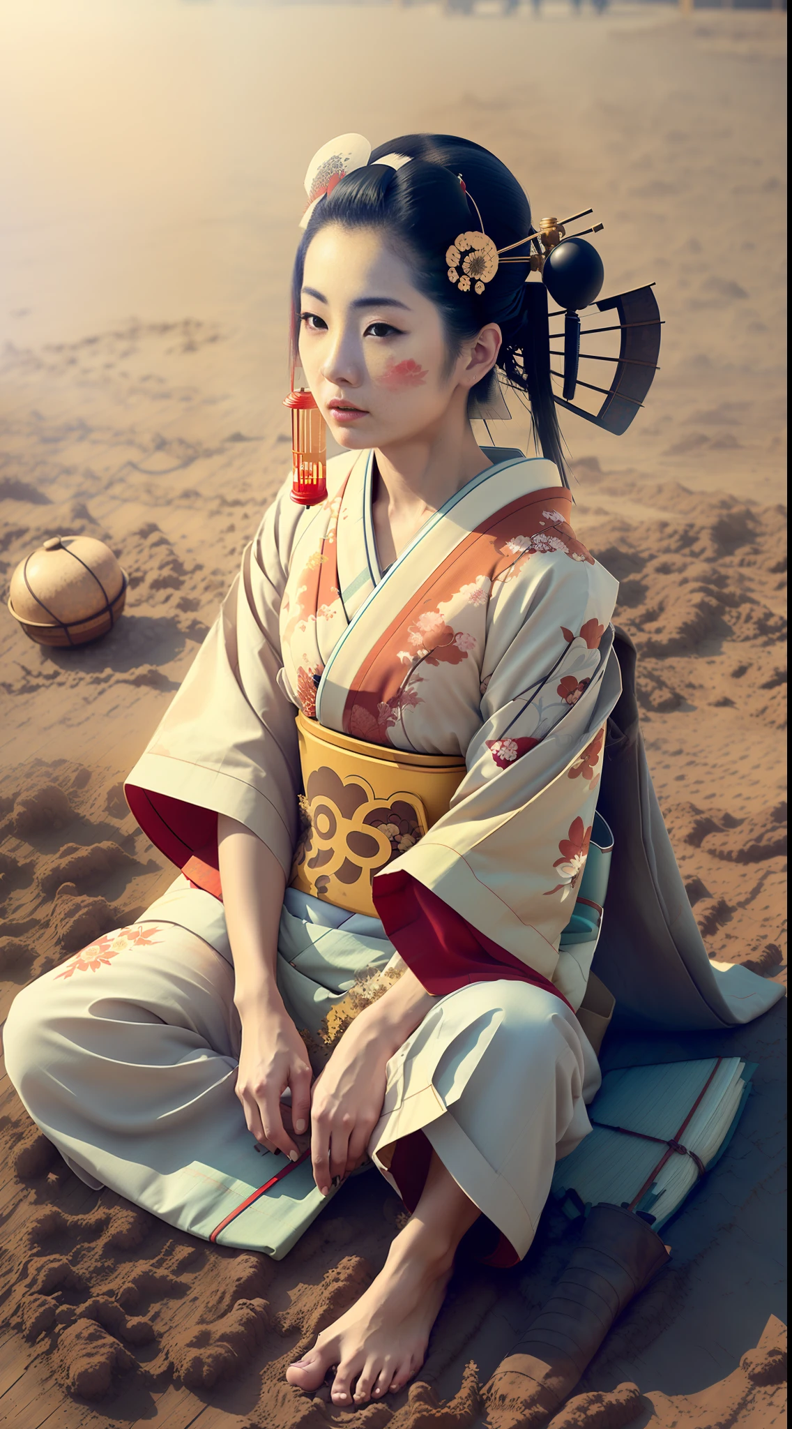 Surreal style, dreamlike atmosphere, concept art, full image, (((Japanese geisha in tattered and dirty traditional clothes with bare feet on dirt floor;))) in post-apocalyptic setting, perfect eyes, soft and diffused lighting with tones warm, creating an off-center dreamlike atmosphere, capturing the geisha in a contemplative pose, low-angle shots to convey vulnerability, disorientation, and unfamiliarity with the surroundings