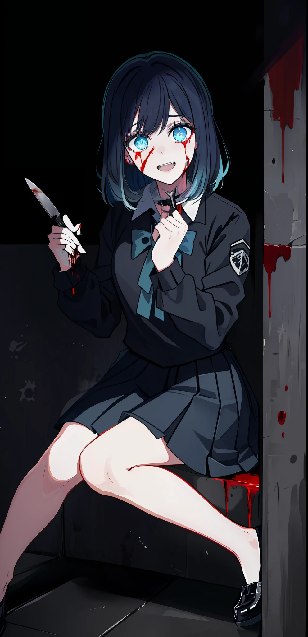 masterpiece, best quality, looking at viewer, facing viewer, bare legs, 1girl, solo, upper body, bow,  disgusted face, night time, dark house,  overly long sleeves, hands in sleeves, blood tears, blood marks, dark corner, blood splattered on the ground, red bright light, blue glowing eyes, holding knife, creepy smile, crazy eyes, laughing, holding knife, heart shaped eyes,1girl, solo, insane, crazy, closer view, looking at viewer, blood, knife,pupils, ((blue and black colors)), ((blue and black palette)), (((noir))), (((noir style)), sitting, crazy laughing, glowing blue eyes, insane face, corner of wall background, holding knife, blood on knife, wearing school uniform, reaching out, yandere