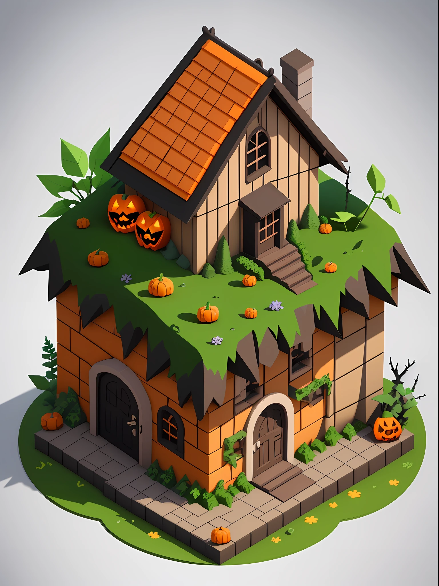 Isometric House, Cartoon, Primitive Man, Magic House, Broom, Jack-o-Lanterns, Vines, Thorns, Wood, Stone, Game Asset Style, ((Low Polygon)), Isometric, White Background, Flat, 3D Rendering, OC Rendering, Best Quality, 4k, Tiled Roof, Hand Painted, Intricate Design