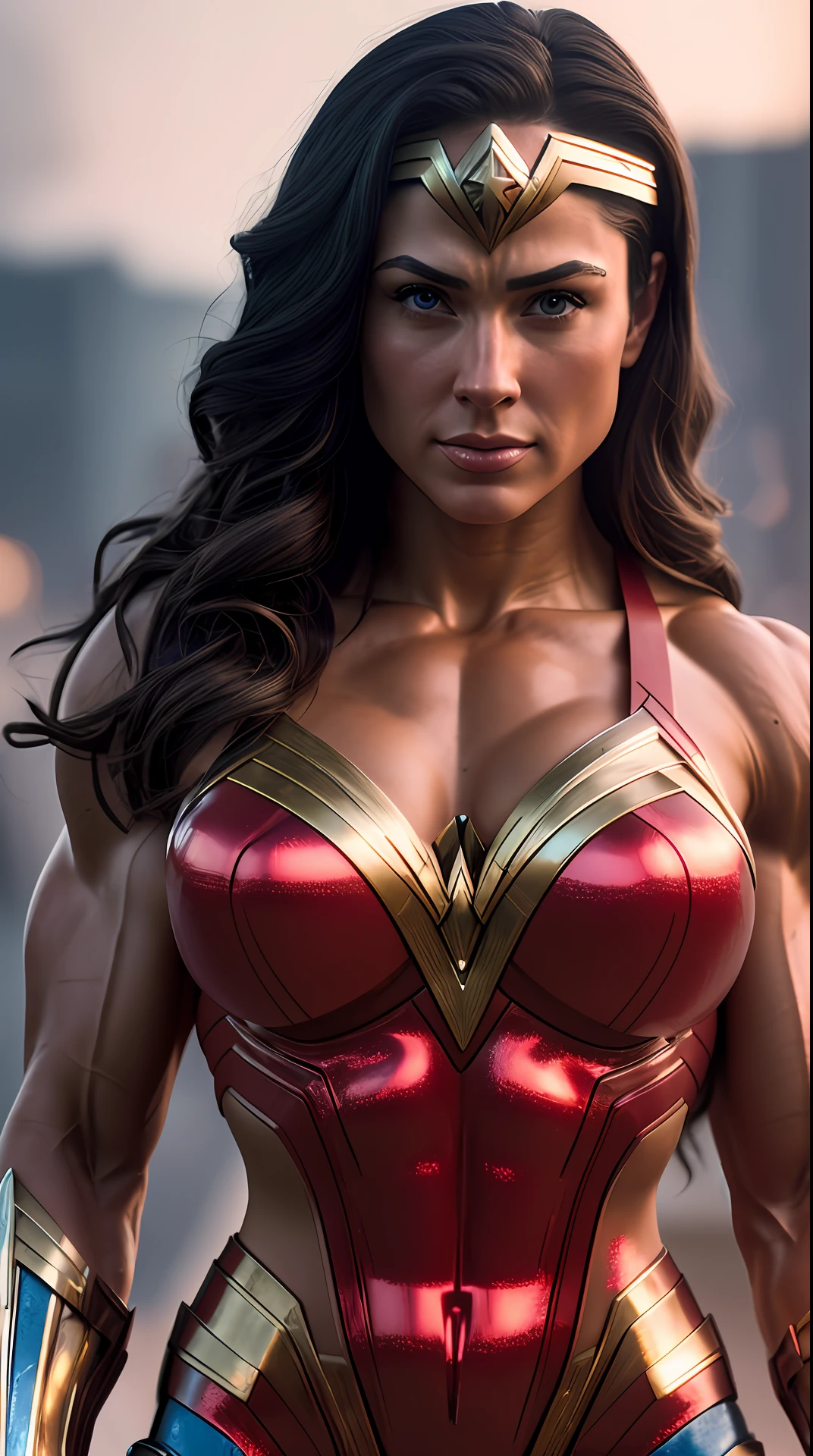 Cinematic soft lighting illuminates a stunningly detailed and ultra-realistic Wonder Woman bodybuilder, muscular, red and blue armor that is trending on ArtStation. Octane is the perfect tool to capture the softest details of this 16k photography masterpiece