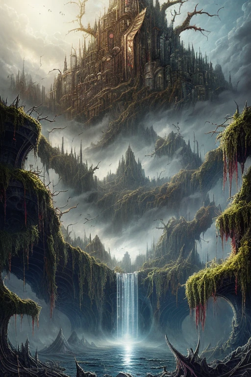 This horror art illustration features a hyper-detailed, mythical landscape viewed from a wide angle top-down perspective. The scene depicts a chaotic urban city surrounded by thorns and a polluted river leading to a morbid waterfall. The sky is filled with polluted madness, adding to the eerie and haunting atmosphere of the piece. The artwork was created through a collaboration between artists Michael Whelan, Dan Seagrave, and Marcos Miller, showcasing their combined skill in the production of surrealistic and horror elements. The intricate details throughout the artwork make it a hyper-detailed and haunting portrayal of a polluted and dystopian world. Hyperdetailed painting