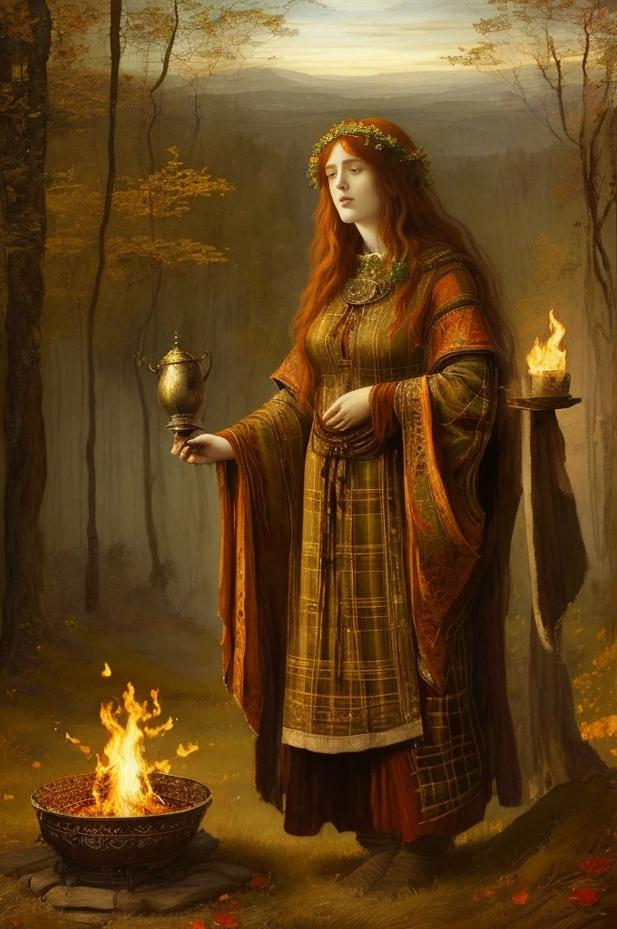 (((Pre-Raphaelite painting))) Celtic druid with plaid clothing makes a libation in the fire, with a golden cup pours liquid into the flame of the bonfire, offering in the fire, white veil over the head, old woman, golden and autumnal tones, sunset.
