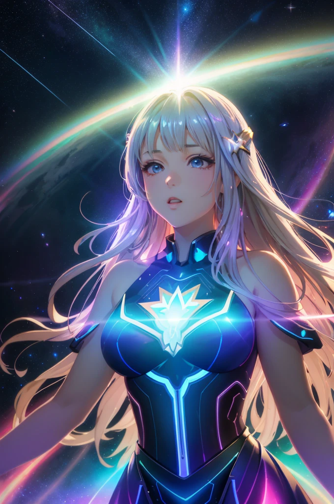 anime girl with glowing hair and a blue dress, portrait knights of zodiac girl, anime girl with cosmic hair, digital anime art, detailed digital anime art, advanced digital anime art, portrait anime space cadet girl, glowwave girl portrait, knights of zodiac girl, advanced anime digital art, anime style 4 k, goddess of galaxies, anime styled digital art, smooth anime cg art