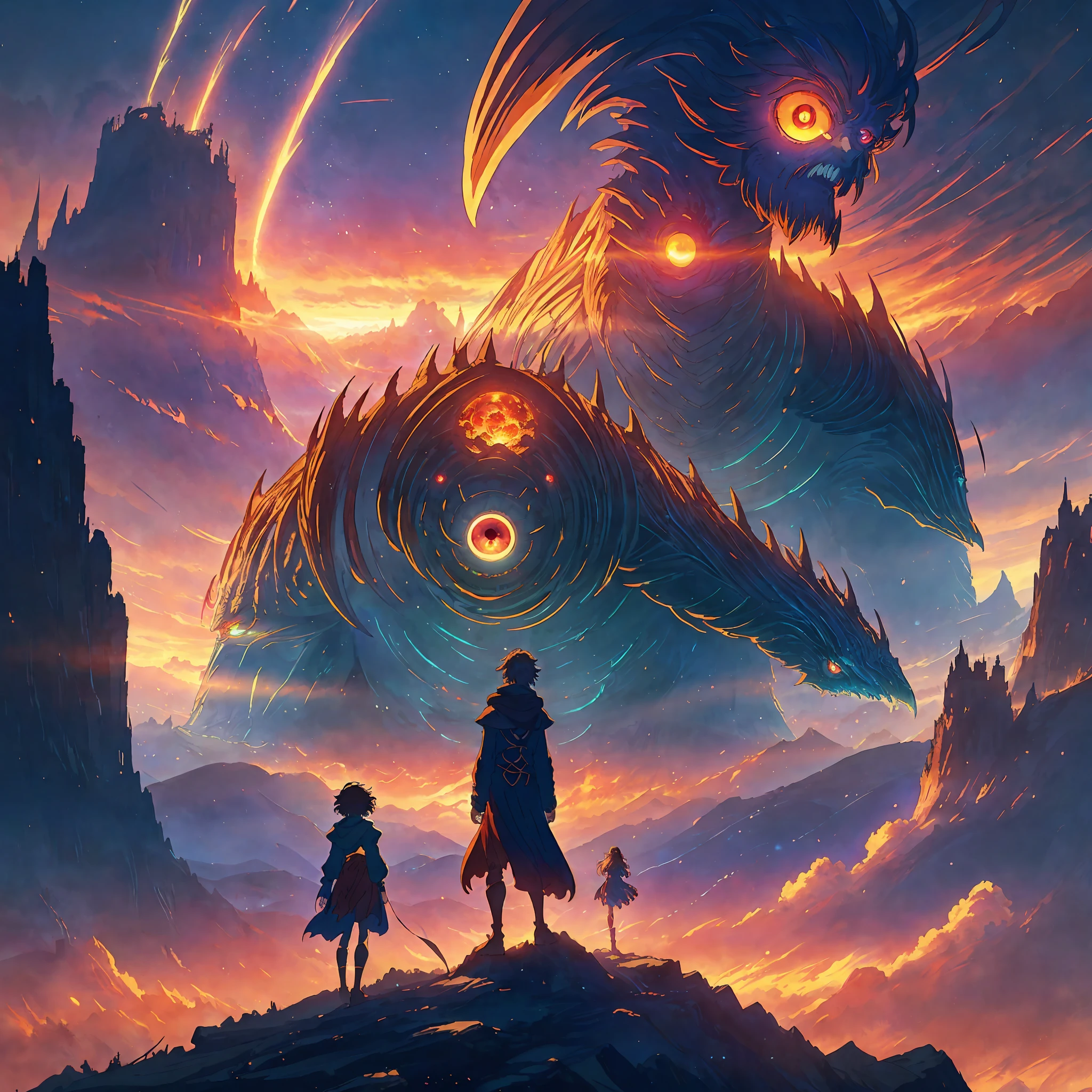 anime, a man & girl stands in front of a giant monster with glowing eyes, concept art by Android Jones, Artstation contest winner, fantasy art, anime epic artwork, 2. 5 d cgi anime fantasy artwork, concept art wallpaper 4k, anime art wallpaper 4k, anime art wallpaper 4 k, anime art wallpaper 8 k, epic rpg artworkAttack on Titan, angry Giants, dark and gritty, Studio Ghibli, Anime Key Visual, by Makoto Shinkai, Deep Color, Intricate, 8k resolution concept art, Natural Lighting, Beautiful CompositionMark Brooks and Dan Mumford, comic book art, perfect, smooth