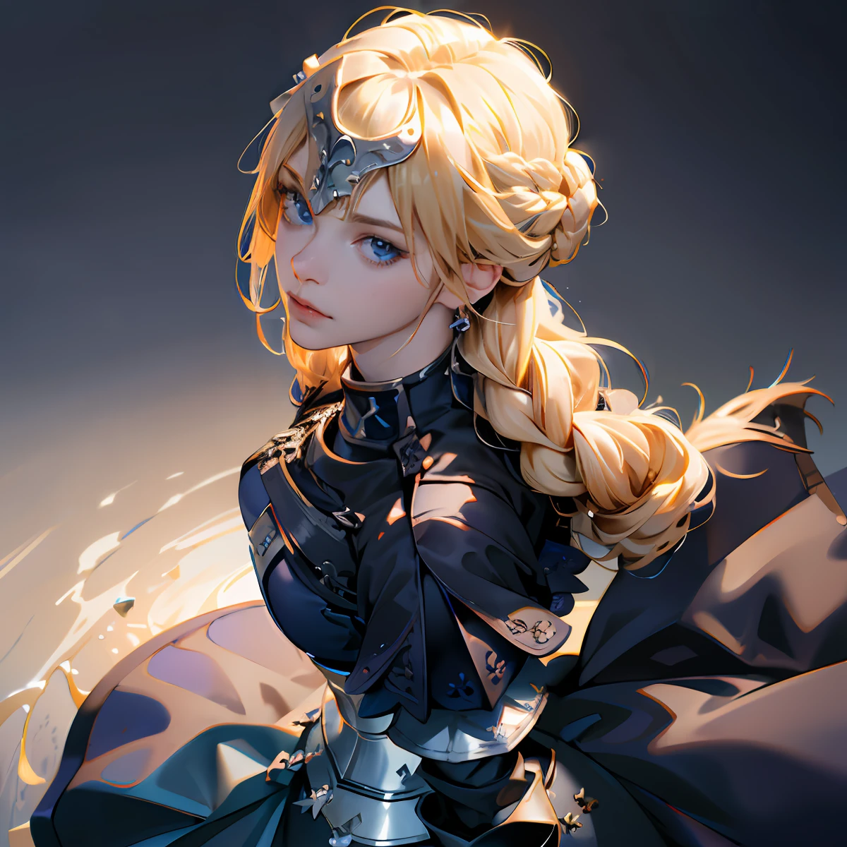 (looking at spectator), ((pov)), ((top view)), 1girl, jeanne d'arc (fate), long hair, solo, blonde hair, (ruler) (fate), armor, pantyhose, blue eyes, gauntlets, braid, armored dress, helmet, simple braid, standing still, (((art official, ultra detailed, ultra realistic face, cinematic, best quality, harsh lighting, +, ++++))),