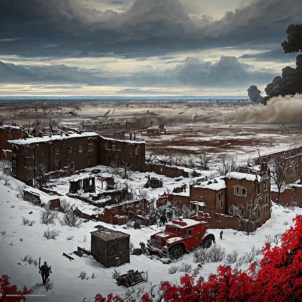 Draw a scene from the Russian Civil War (1918-1922), depicting a confrontation between the Red (communist) forces and the White (counter-revolutionary) forces. The scene takes place on a devastated battlefield, reflecting the destruction and violence of the conflict. In the center of the scene, there is a front line, where the Red and White soldiers are engaged in fierce combat. The Red soldiers are dressed in red uniforms, while the White soldiers wear assorted uniforms. Both sides are armed with rifles, machine guns and war equipment. In the background, there are desolate landscapes, with ruined cities and burnt fields. Smoke and fire rise from the burning buildings, witnesses to the chaos that has ensued. The sky is dark and gloomy, representing the atmosphere of despair and uncertainty. In the midst of the battle, prominent figures emerge. One can highlight Leon Trotsky leading the Red troops, while White leaders such as Admiral Kolchak or General Wrangel command their soldiers with determination. The scene conveys the brutality and intensity of the Russian Civil War, with destructive elements and a sense of chaos. It captures the struggle for control of the country and the various factions involved in the conflict, reflecting the complexity and devastation of this civil war.