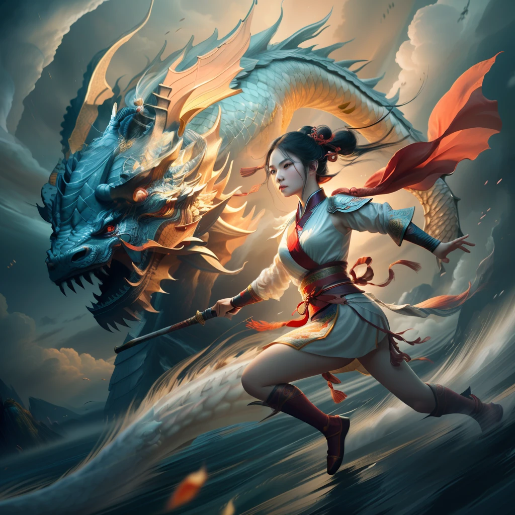 very wide shot, dynamic angle, from above,Chinese mythology, (1girl,chinese girl fighting:1.2 at white chinese-dragon),(bun,black hair,Long red ribbon,chinese clothes),dynamic pose, (solo:1.2),in ocean, clouds,Cinematic Lighting,Accent Lighting,dramatic_shadow,ray_tracing,film still,xianxia style,