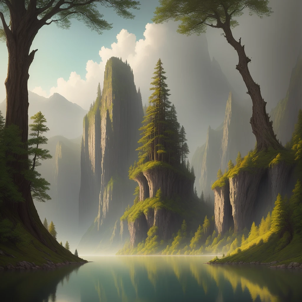 a painting of a lake surrounded by trees, a matte painting by HAP Grieshaber, deviantart, fantasy art, matte painting, mystical, fantasy