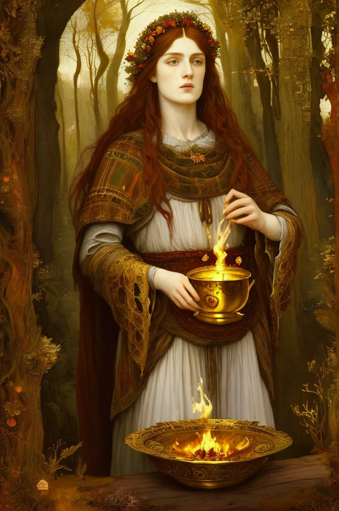 (((Pre-Raphaelite painting))) Celtic druid with plaid clothing makes a libation in the fire, with a golden cup pours liquid into the flame of the bonfire, offering in the fire, white veil over the head, old woman, golden and autumnal tones, sunset.