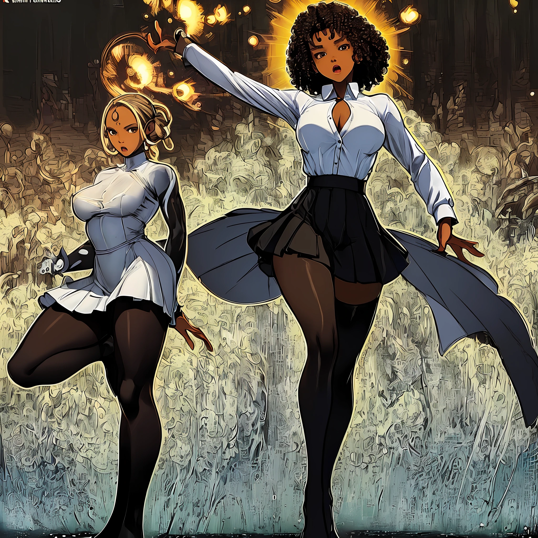 a afroHero (masterpiece, best quality), Female, woman character, (((multiple poses and expressions))), (comic style artwork with perfect anatomy), perfect body, transparent wet ultrathin white dress shirt unbuttoned, black knee high tights, black short miniskirt, highly detailed--no outline