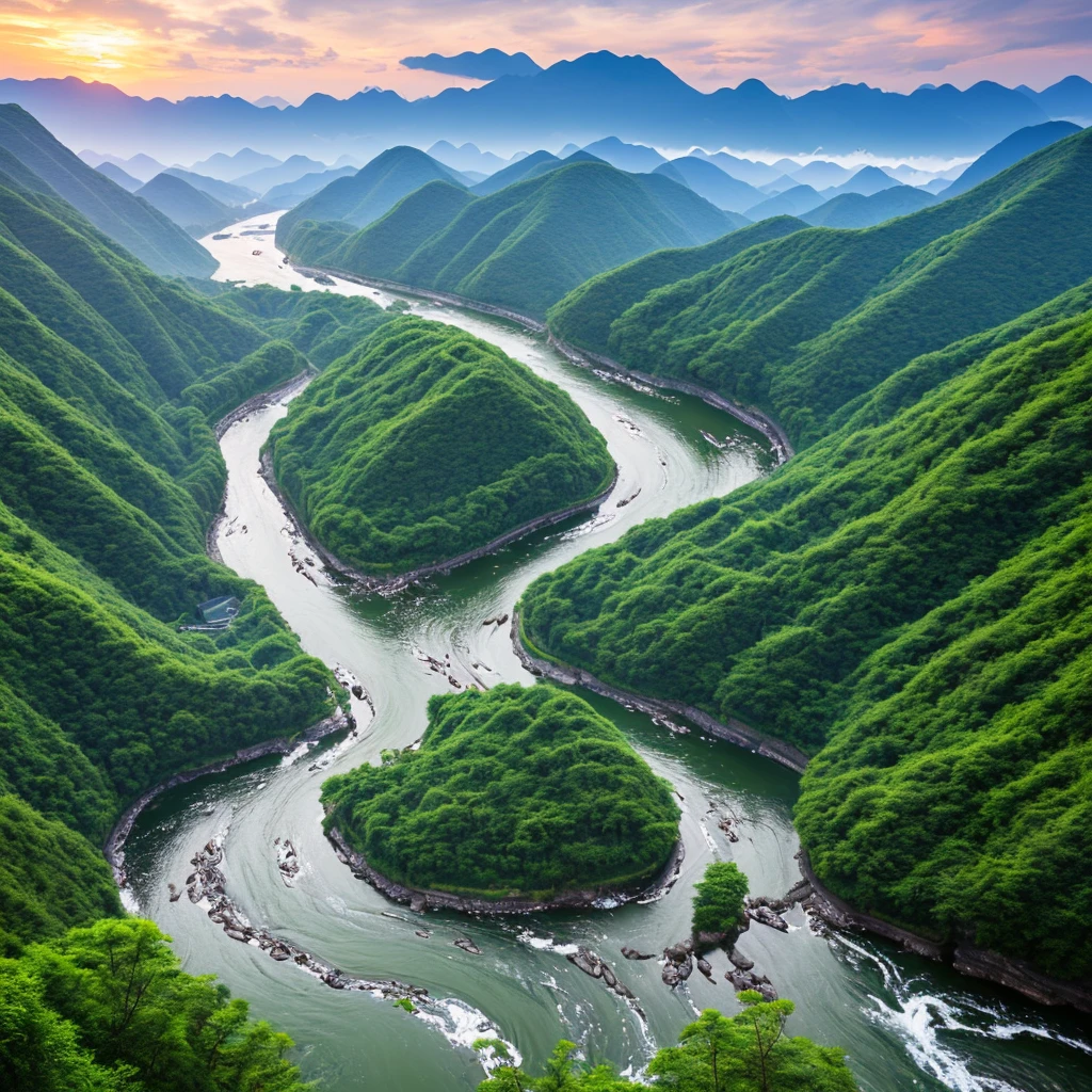 best quality, masterpiece, highres, shuimobysim, wuchangshuo, bonian, zhenbanqiao, badashanren, mountainous horizon, river, forest, village, sunset,
,