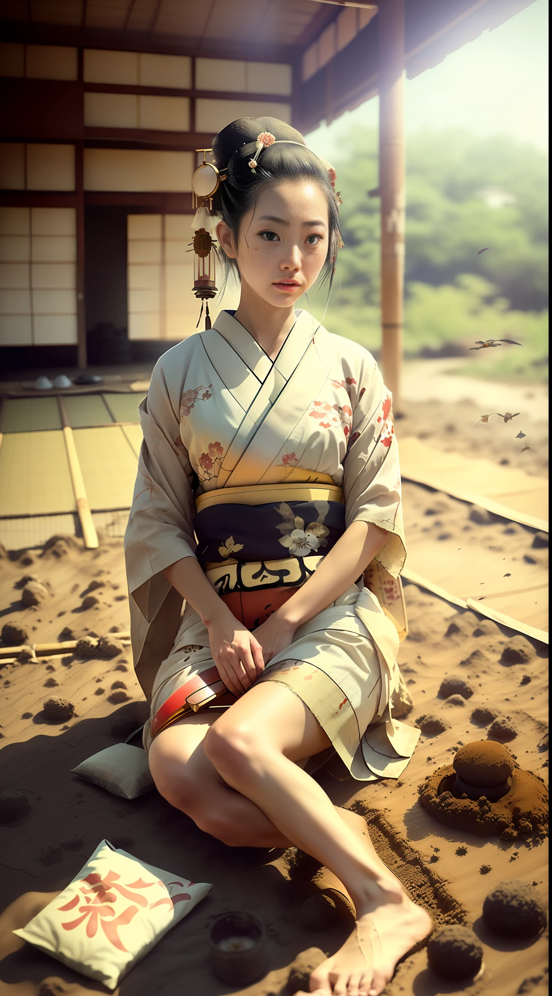 Surreal style, dreamlike atmosphere, concept art, full image, (((Japanese geisha in tattered and dirty traditional clothes with bare feet on dirt floor;))) in post-apocalyptic setting, perfect eyes, soft and diffused lighting with tones warm, creating an off-center dreamlike atmosphere, capturing the geisha in a contemplative pose, low-angle shots to convey vulnerability, disorientation, and unfamiliarity with the surroundings