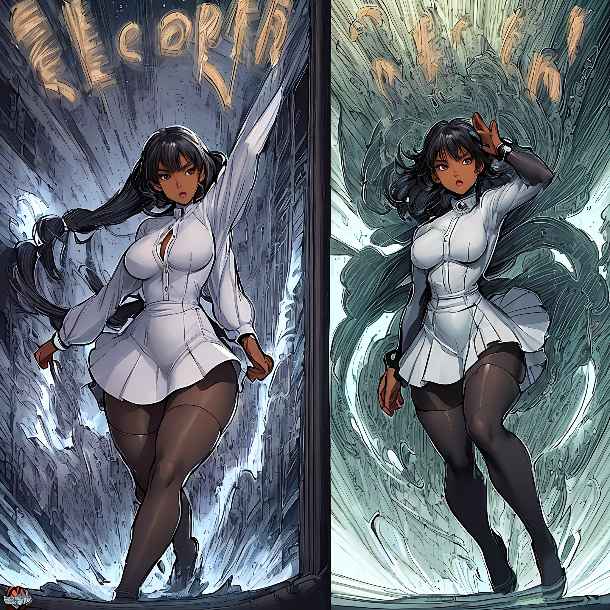 a afroHero (masterpiece, best quality), Female, woman character, (((multiple poses and expressions))), (comic style artwork with perfect anatomy), perfect body, transparent wet ultrathin white dress shirt unbuttoned, black knee high tights, black short miniskirt, highly detailed--no outline