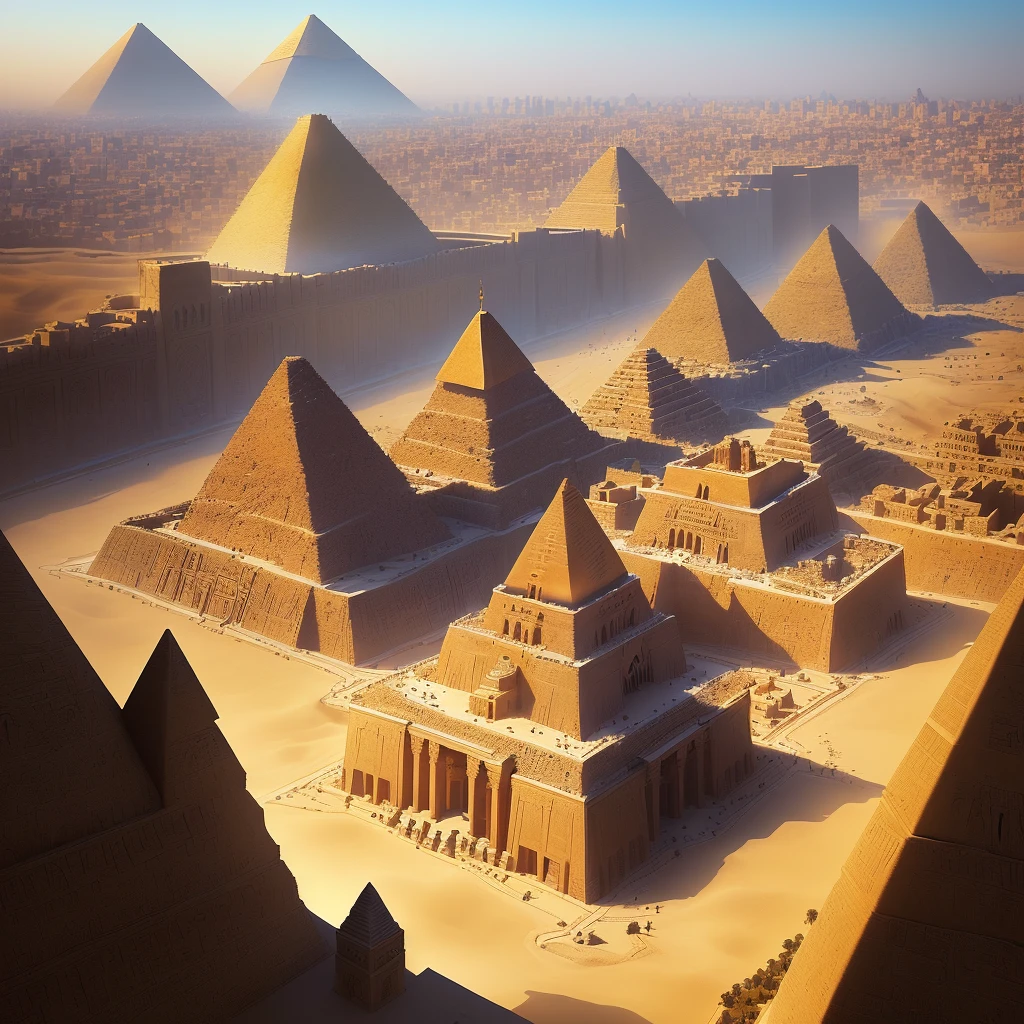 (crisp and clear illustration, exquisite details, best quality):(a bird's eye view from the sky, overlooking the sprawling city of Cairo, Egypt),(a magical and mystical atmosphere, reminiscent of the ancient pharaohs),(warm sunlight and deep shadows, contrasting with vibrant colors),(the Nile river, gleaming and glittering, winding through the cityscape),(embrace the beauty of the pyramids, standing proud and tall in the distance),(dotted with palm trees, mosques, and other buildings),(an amalgamation of modern and ancient architecture, coexisting in harmony).