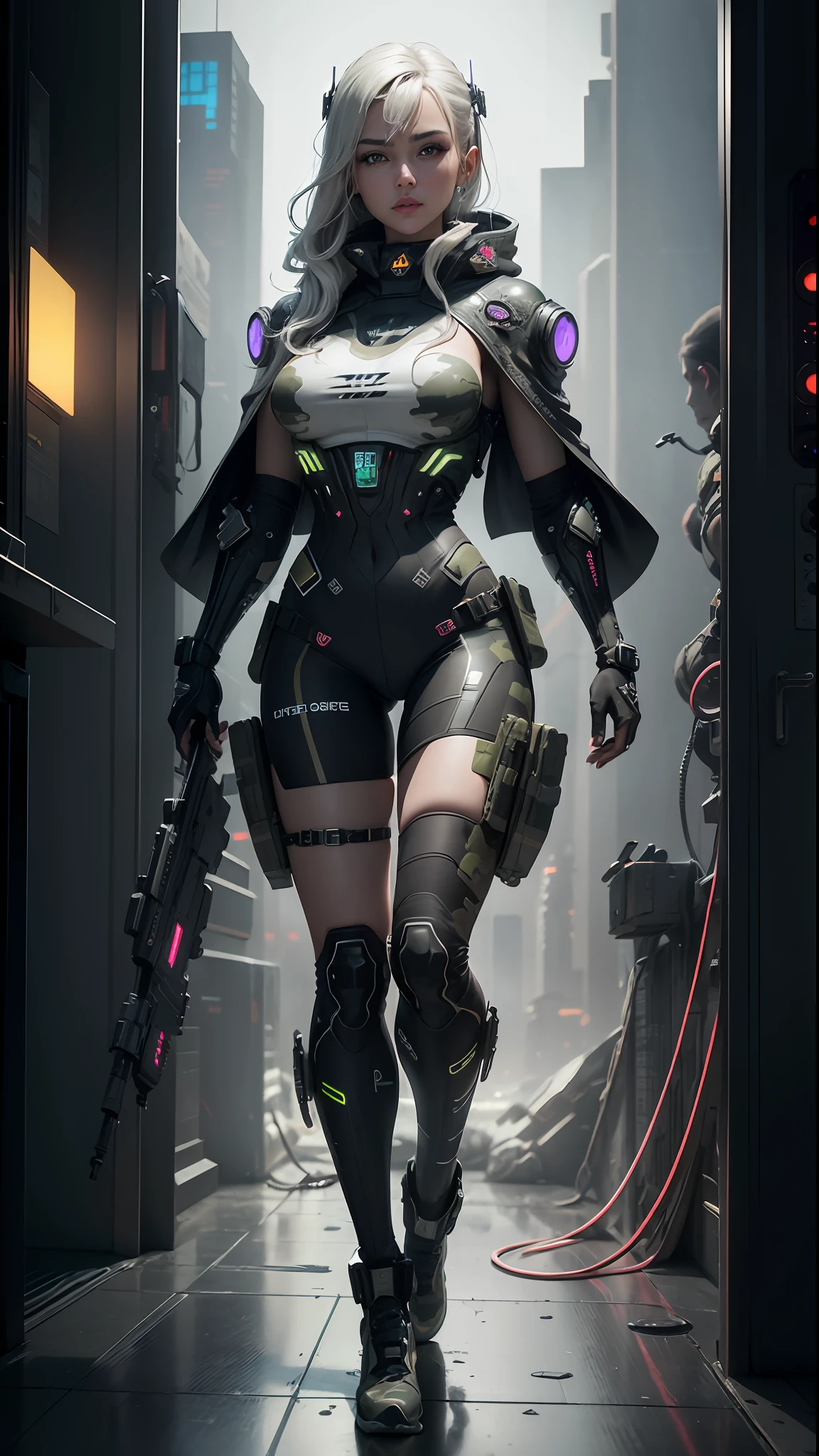 ((Best quality)), ((masterpiece)), (highly detailed:1.3), 3D, beautiful (cyberpunk:1.2) special forces, robort,female with thick voluminous hair wearing (wearing camouflage_uniform:1.1), body armour,cape,digital (camouflage:1.3),HDR (High Dynamic Range),Ray Tracing,NVIDIA RTX,Super-Resolution,Unreal 5,Subsurface scattering,PBR Texturing,Post-processing,Anisotropic Filtering,Depth-of-field,Maximum clarity and sharpness,Multi-layered textures,Albedo and Specular maps,Surface shading,Accurate simulation of light-material interaction,Perfect proportions,Octane Render,Two-tone lighting,Wide aperture,Low ISO,White balance,Rule of thirds,8K RAW,Efficient Sub-Pixel,sub-pixel convolution,