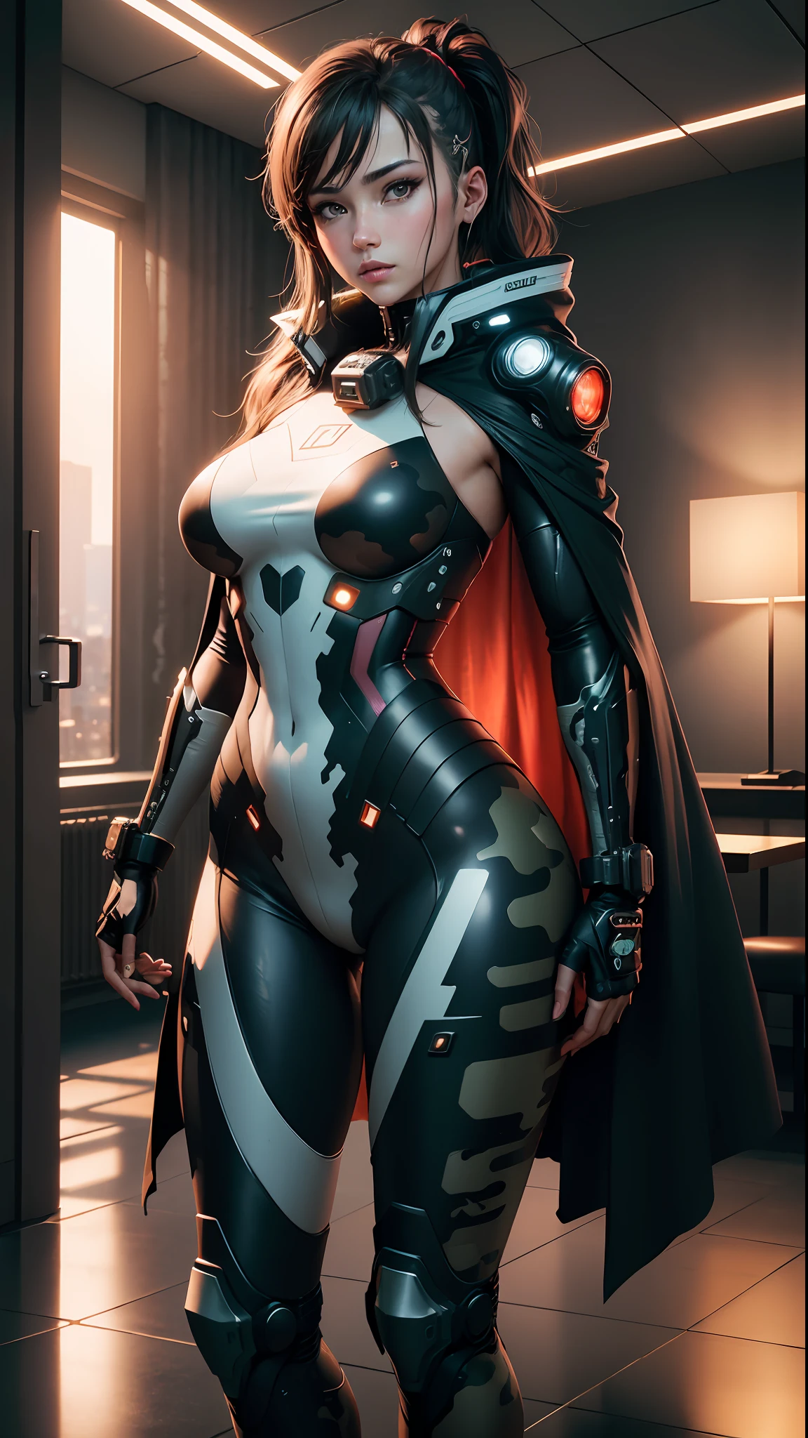((Best quality)), ((masterpiece)), (highly detailed:1.3), 3D, beautiful (cyberpunk:1.2) special forces, robort,female with thick voluminous hair wearing (wearing camouflage_uniform:1.1), body armour,cape,digital (camouflage:1.3),HDR (High Dynamic Range),Ray Tracing,NVIDIA RTX,Super-Resolution,Unreal 5,Subsurface scattering,PBR Texturing,Post-processing,Anisotropic Filtering,Depth-of-field,Maximum clarity and sharpness,Multi-layered textures,Albedo and Specular maps,Surface shading,Accurate simulation of light-material interaction,Perfect proportions,Octane Render,Two-tone lighting,Wide aperture,Low ISO,White balance,Rule of thirds,8K RAW,Efficient Sub-Pixel,sub-pixel convolution,