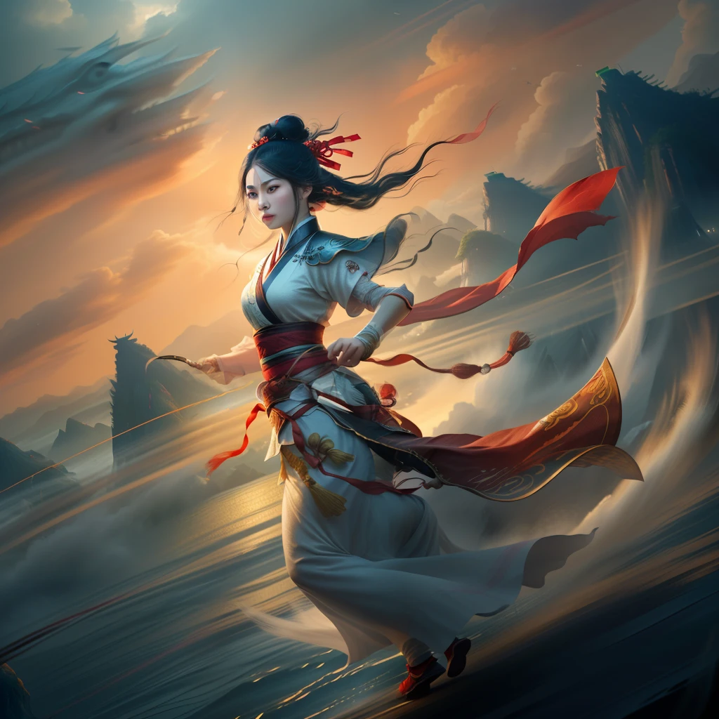 very wide shot, dynamic angle, from above,Chinese mythology, (1girl,chinese girl  fighting:1.2 at white chinese-dragon),(bun,black hair,Long red ribbon,chinese clothes),dynamic  pose, (solo:1.2),in ocean, clouds,Cinematic Lighting,Accent Lighting,dramatic_shadow,ray_tracing,film still,xianxia style,
