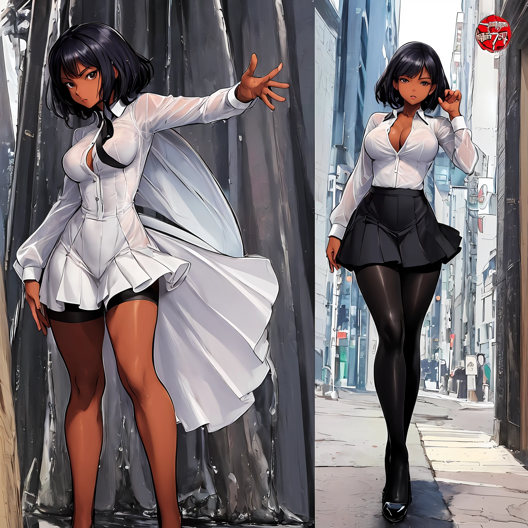 a afroHero (masterpiece, best quality), Female, woman character, (((multiple poses and expressions))), (comic style artwork with perfect anatomy), perfect body, transparent wet ultrathin white dress shirt unbuttoned, black knee high tights, black short miniskirt, highly detailed--no outline