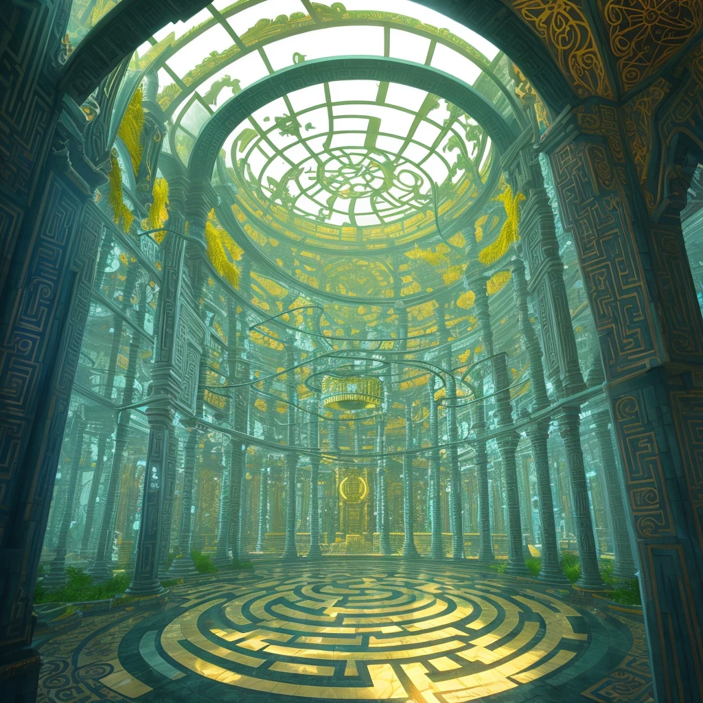 a large maze in a building with a sky background, ornate cyberpunk interior, cyberpunk cathedral, jellyfish temple, inspired by tomasz alen kopera, ancient biomechanical temple, cyberpunk temple, lothlorien, art nouveau jungle environment, futuristic hall, futuristic palace, inside a tall vetical room, stained glass futuristic church, water temple