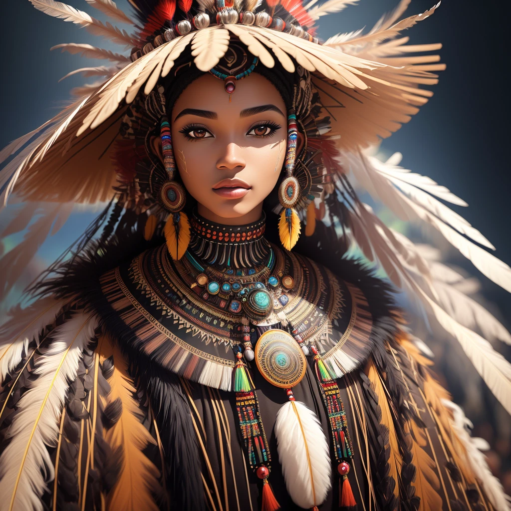 a woman wearing a headdress made of feathers and beads, a photorealistic painting by Bruce Onobrakpeya, behance contest winner, afrofuturism, behance hd, rich color palette, daz3d