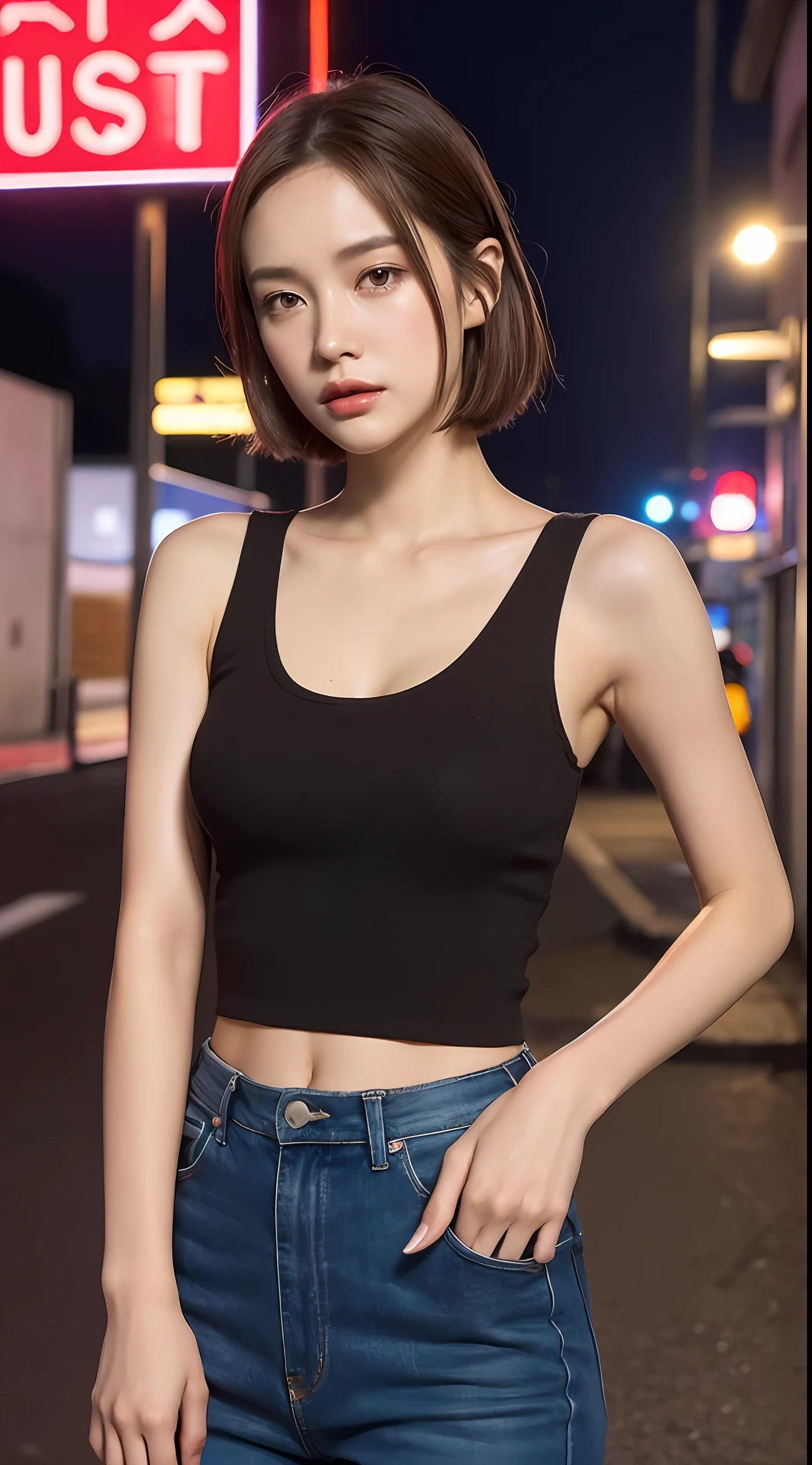 ((Best Quality, 8k, Masterpiece: 1.3)), Full Body, Focus Clear: 1.2, Style Outstanding Beauty: 1.4, Slender Abs: 1.2, ((Brown Hair, Big: 1.2)), Tank Top Dress: 1.1, (Neon, Street: 1.1), Highly Detailed Face and Skin Texture, Detailed Eyes, Double Eyelids, Night View, Industrial Area, Fairlady Z, Short Cut, Katyusha