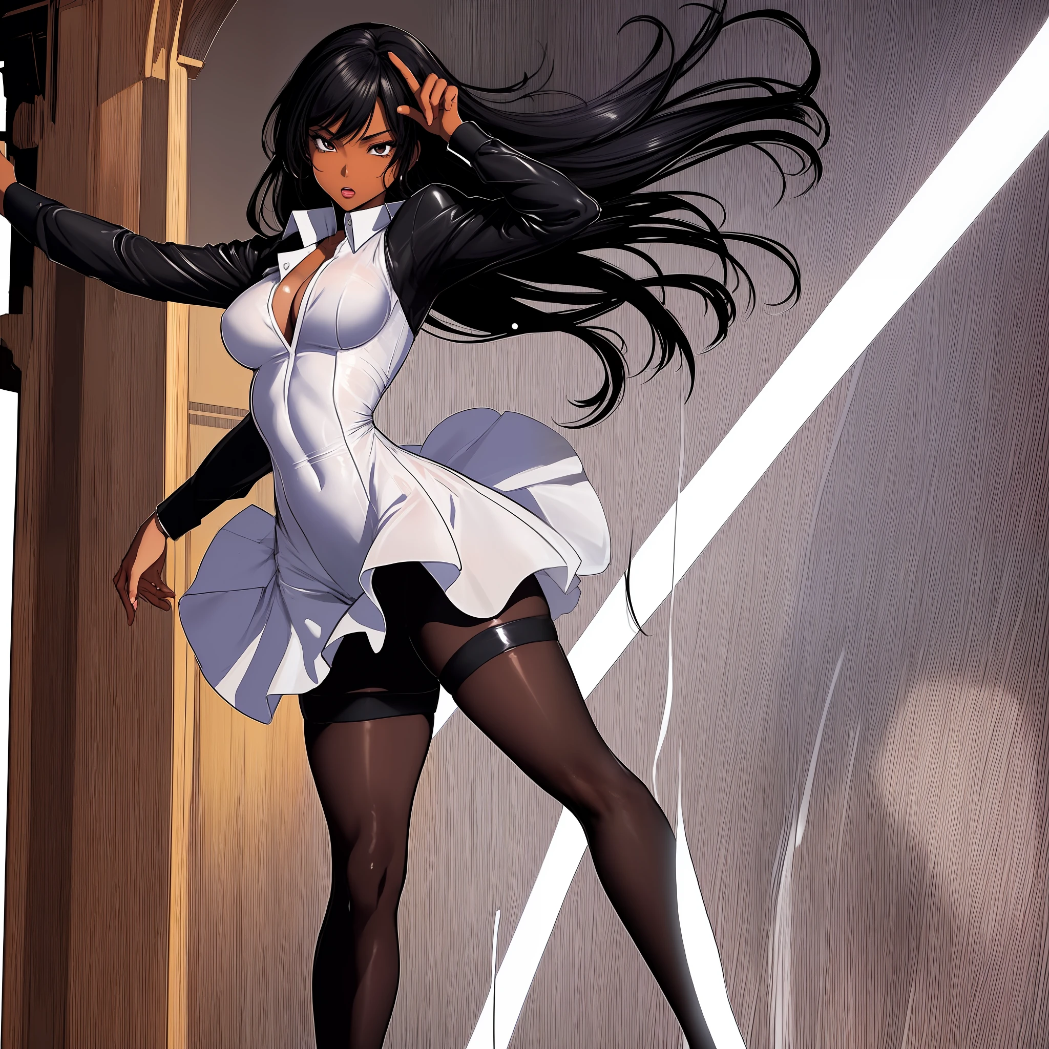 a afroHero (masterpiece, best quality), Female, woman character, (((multiple poses and expressions))), (comic style artwork with perfect anatomy), perfect body, transparent wet ultrathin white dress shirt unbuttoned, black knee high tights, black short miniskirt, highly detailed--no outline