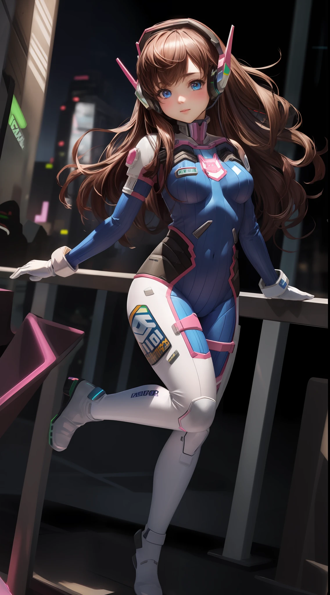 Masterpiece, Best Quality, High Resolution, 1Girl, Ultra High Resolution, Solo, Mecha Pilot, D.VA, Headphones, Pink Eyes, Cat Face Adorage, Blue Tights, Brown Hair, White Gloves, Full Body