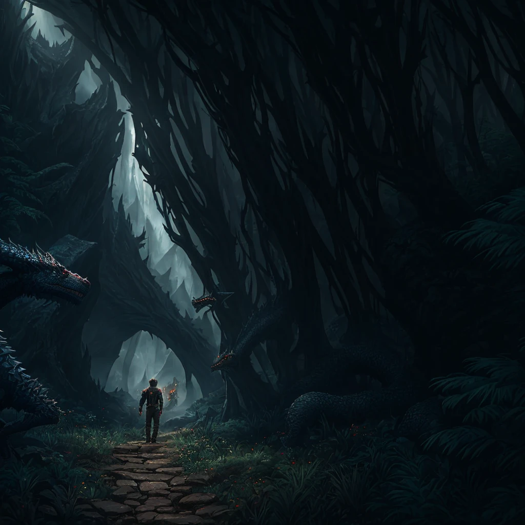 best quality, detailed background,1young man adventure to Darkness ,face with The Wild Animal,the blood dragon