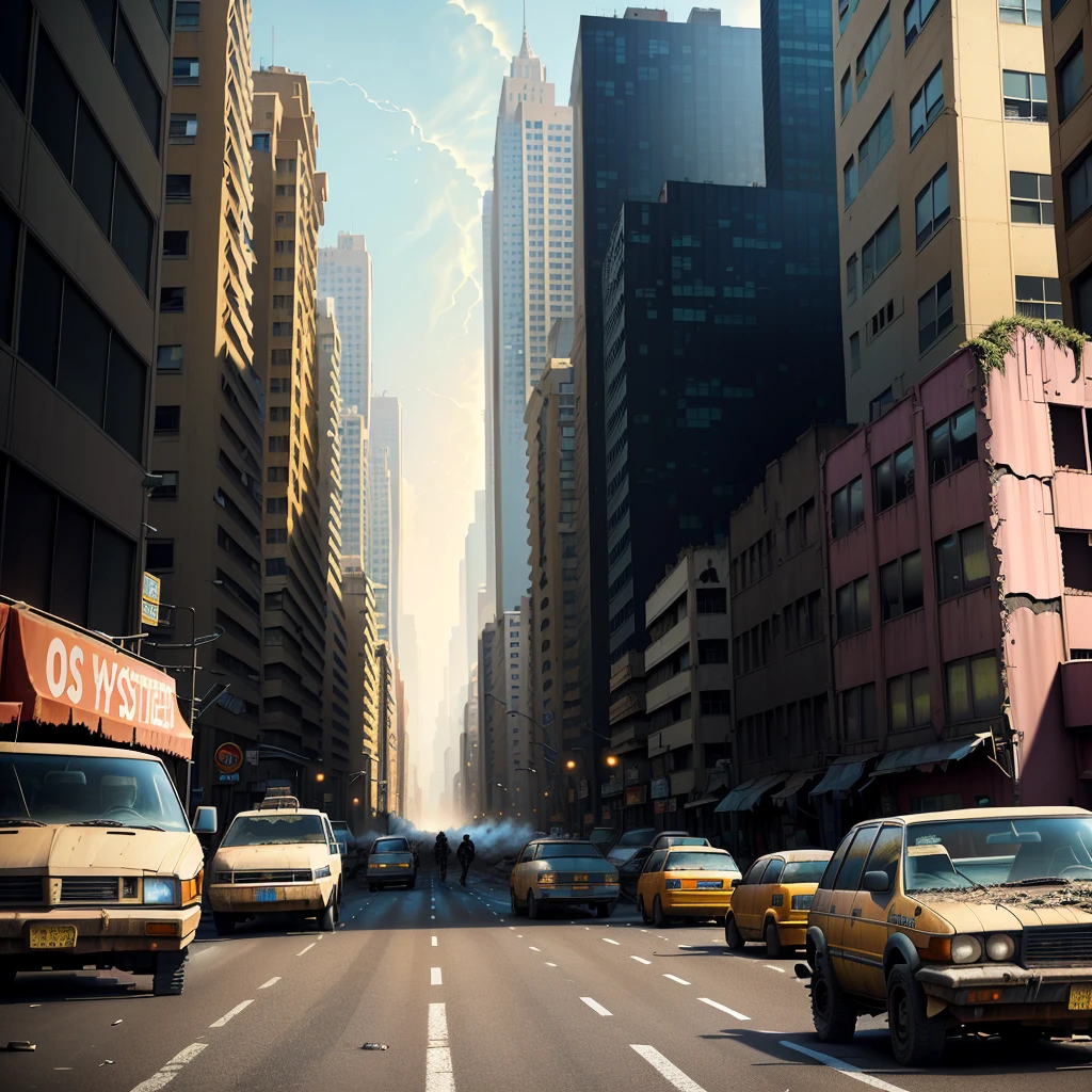 vehicles parked on a street in a city with buildings in the background, post-apocalyptic city streets, post-apocalyptic street, in a post-apocalyptic city, post-apocalyptic city, post-apocalyptic city, post-apocalyptic scene, realistic apocalyptic war scene, post-apocalyptic district, apocalyptic city, ruined outdoor cityscape, destroyed city, post-apocalyptic atmosphere, apocalyptic city backround, running over men, war