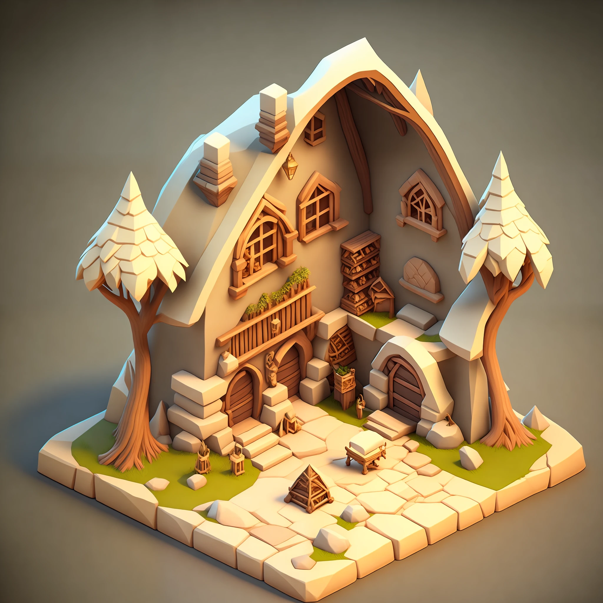 isometric house, RPG style, cartoony, DnD, fantasy, mobile game，primitive man，animal bone，stone，wood